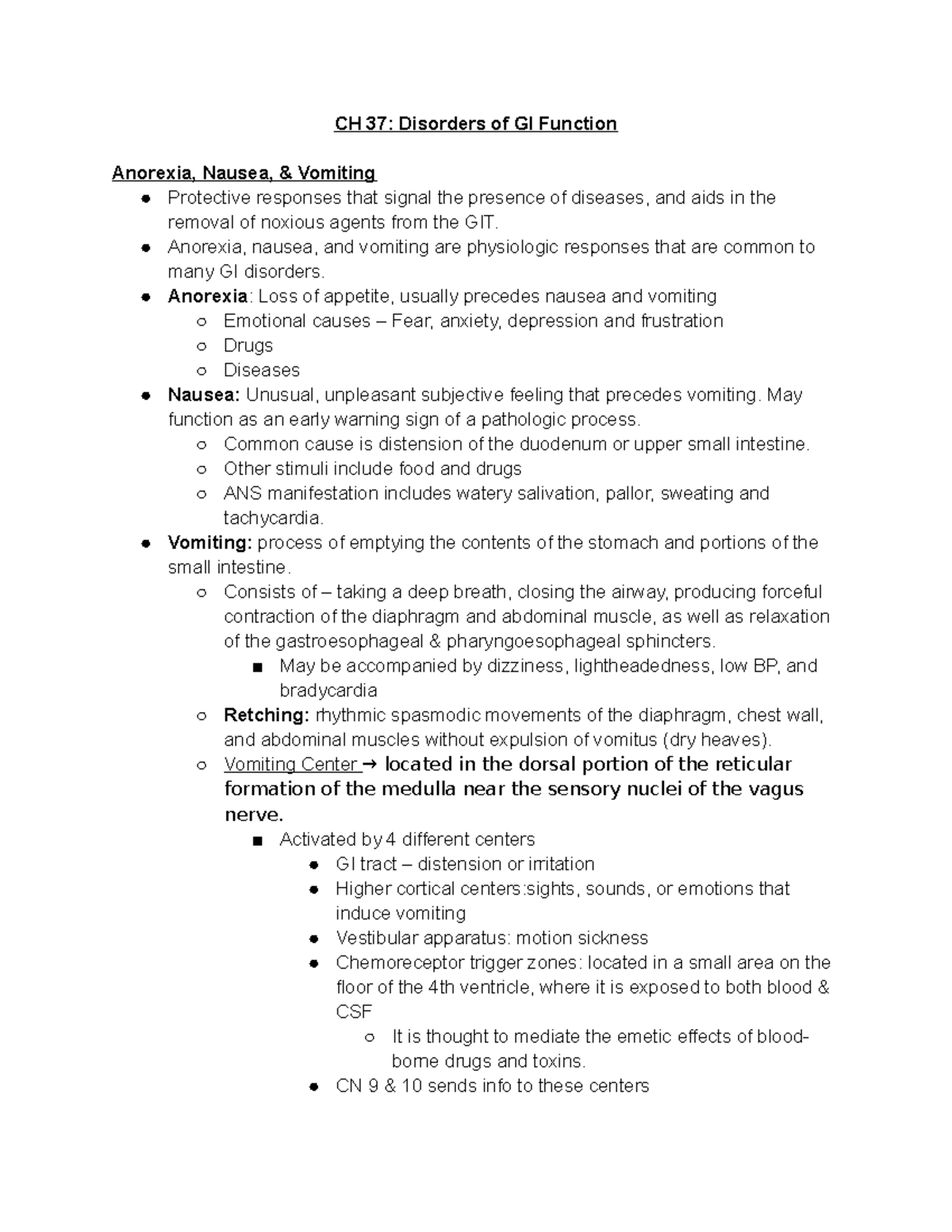 CH 37 Pt 1-2 - Chapter 37 Lecture notes - CH 37: Disorders of GI ...