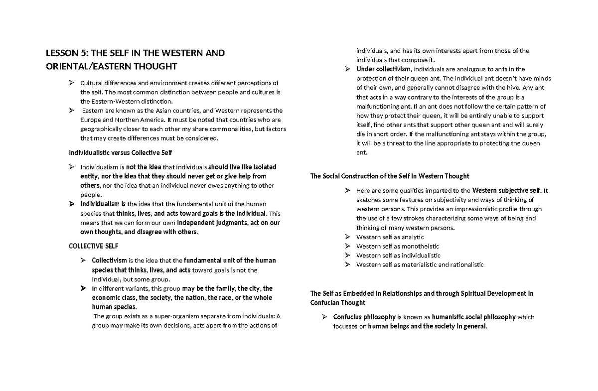 Lesson 5 - n/a - LESSON 5: THE SELF IN THE WESTERN AND ORIENTAL/EASTERN ...