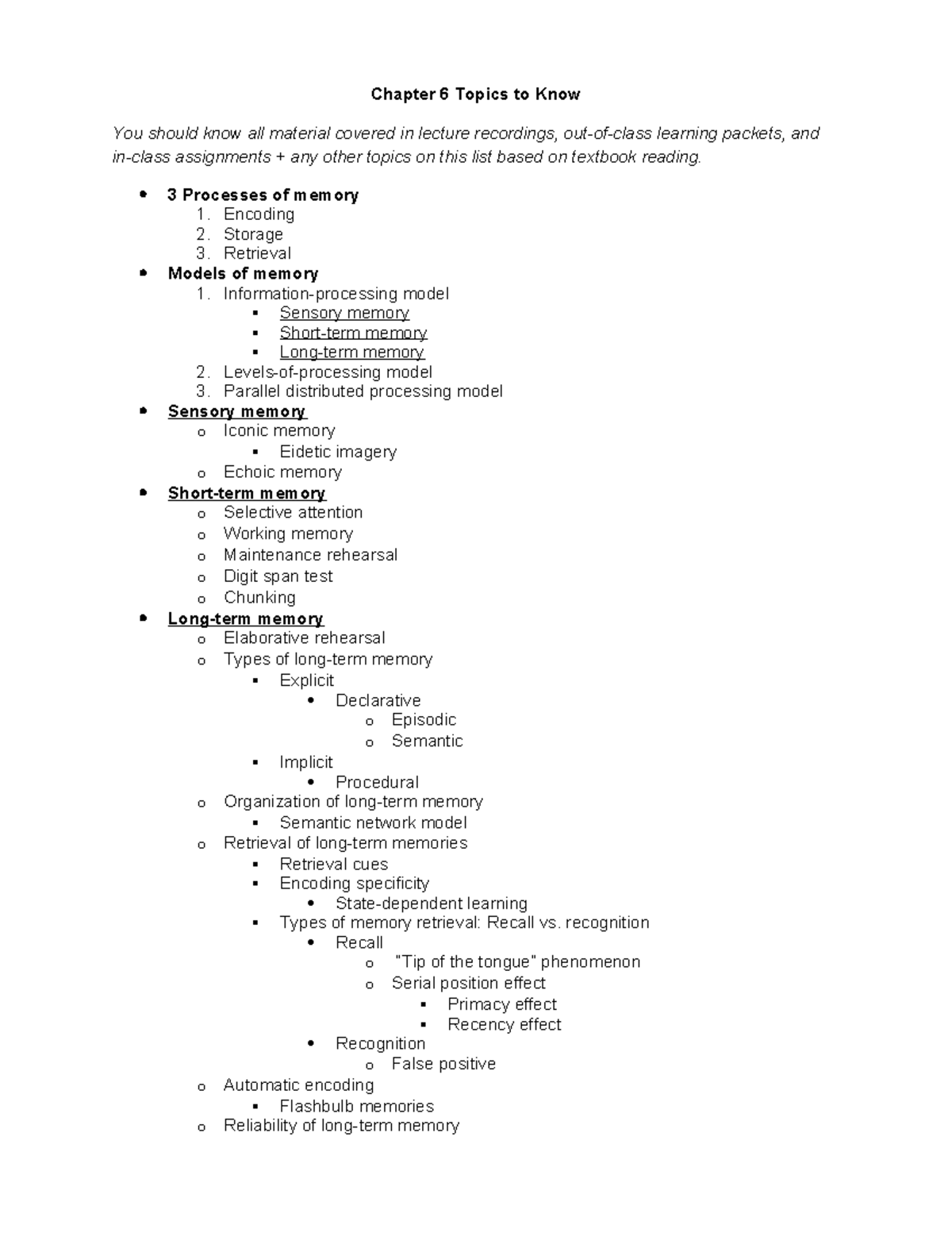 Topics to Know List- Chapter 6 - Chapter 6 Topics to Know You should ...