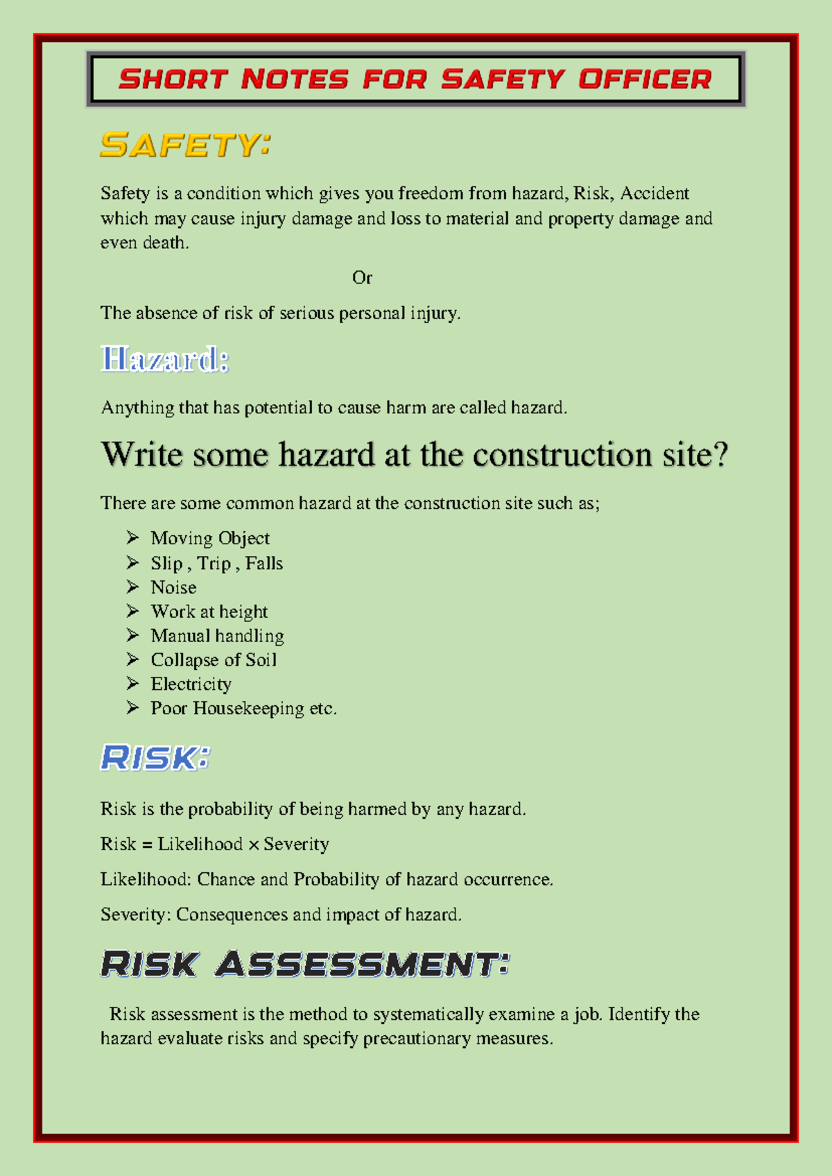 Short Note For Safety Officer - Safety is a condition which gives you ...