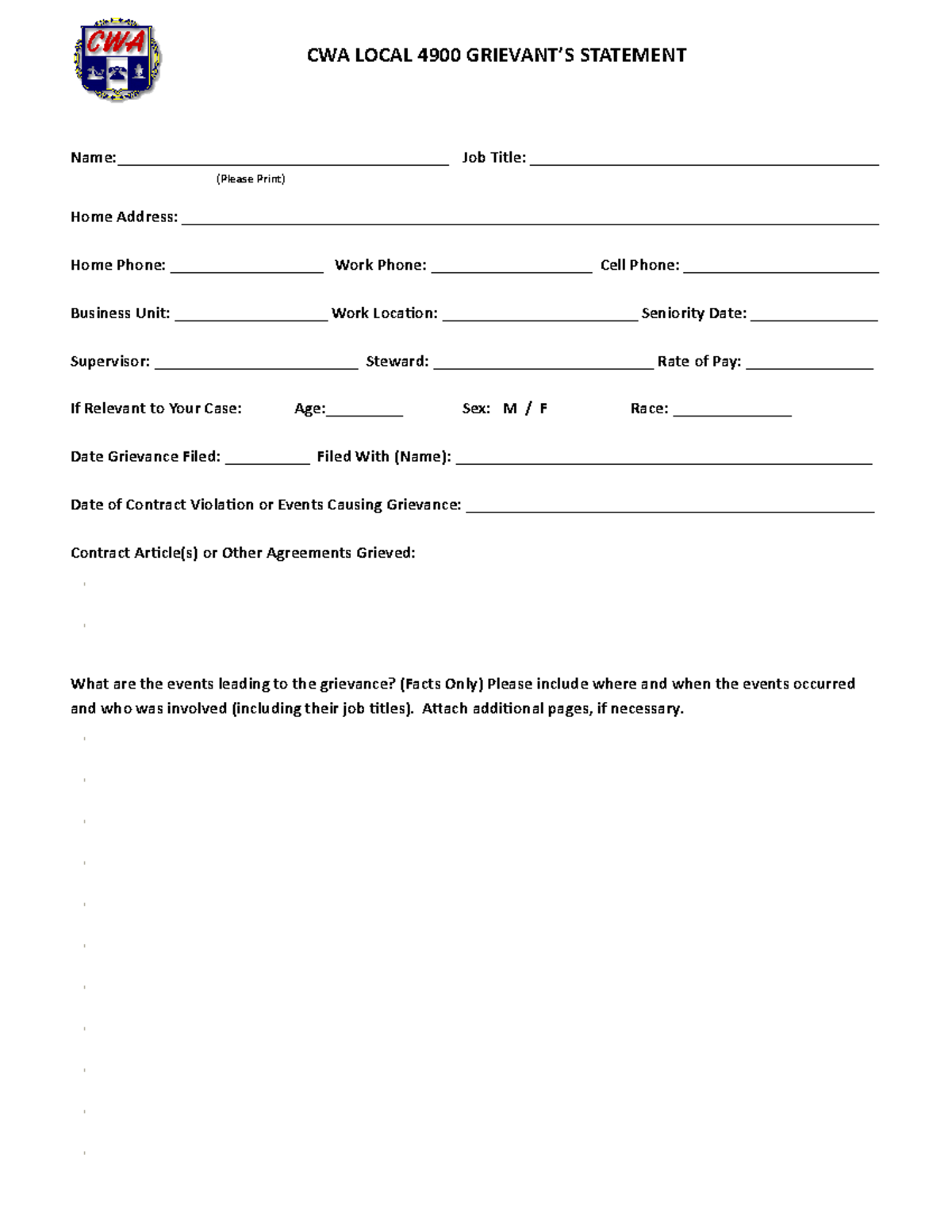 Grievants statement - complete grievance process form - HRMG 3205 ...
