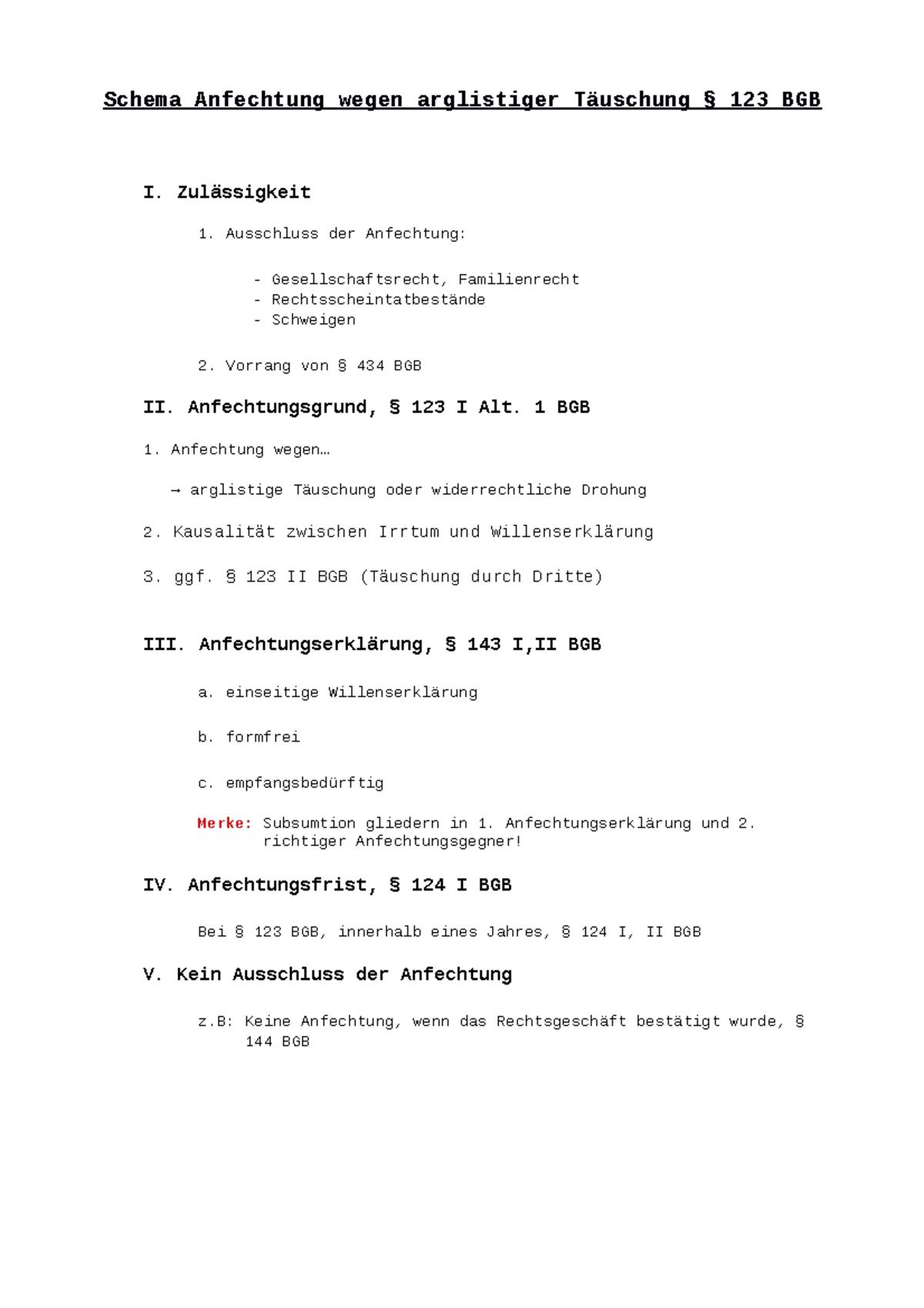 Schema Anfechtung Wegen Arglistiger Täuschung § 123 BGB - Zulässigkeit ...