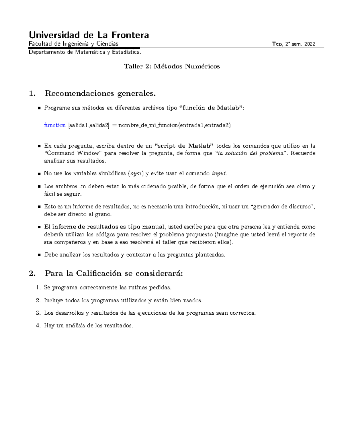 Control 2B - un taller - Universidad de La Frontera Facultad de ...