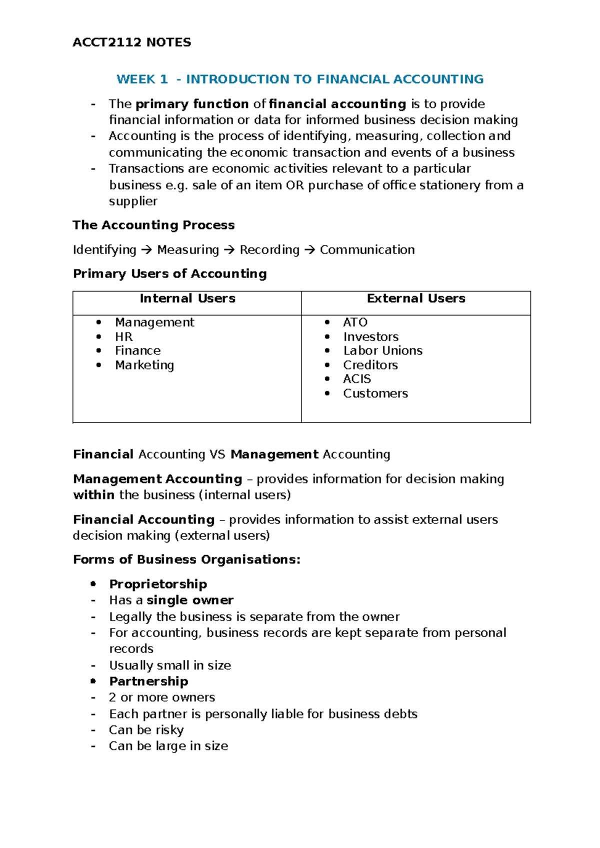 Week 1 Notes - Intro to Financial Accounting - WEEK 1 - INTRODUCTION TO ...