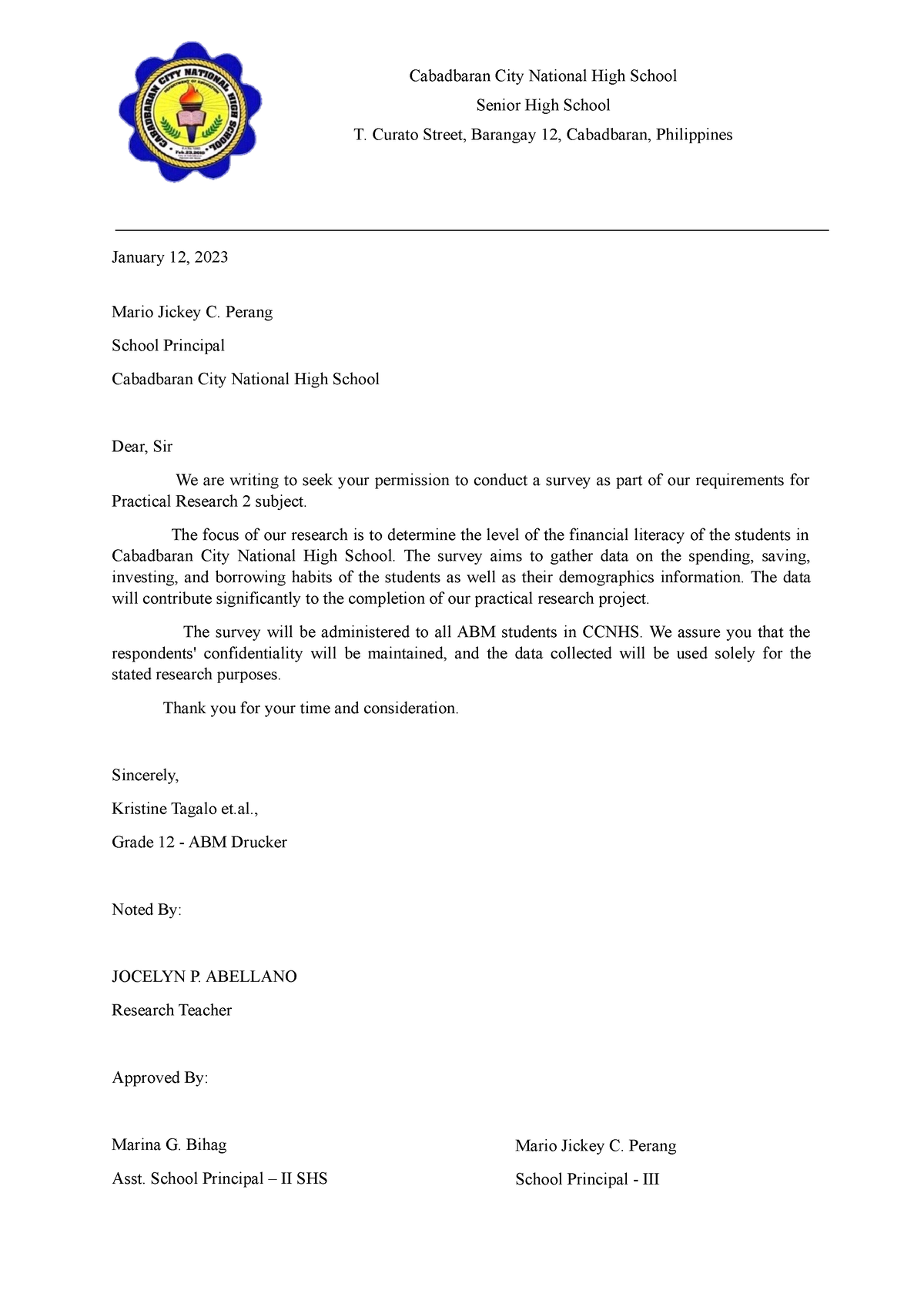 Letter of Permission - Cabadbaran City National High School Senior High ...