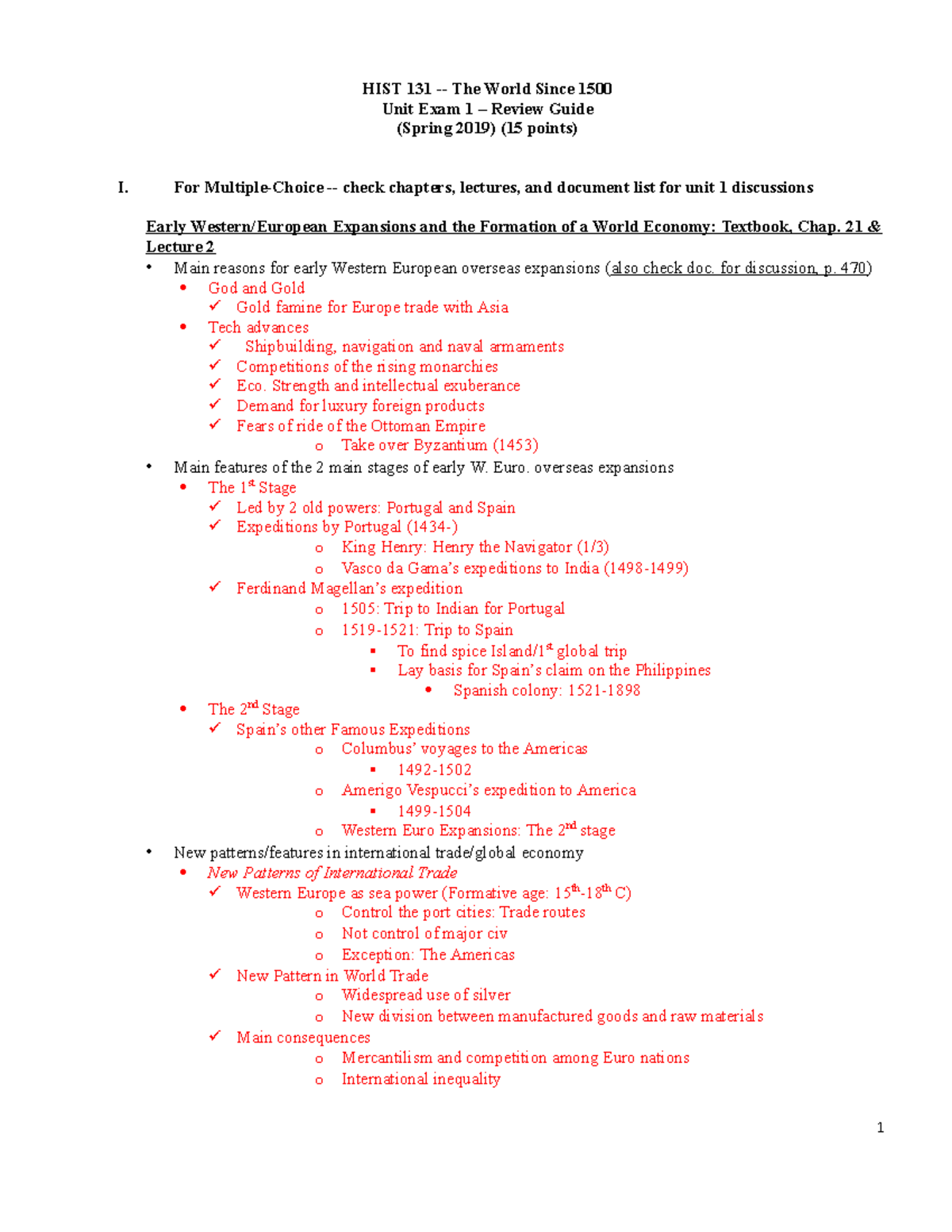 Unit Exam 1 (Final Study Guide) - HIST 131 - The World Since 1500 Unit ...