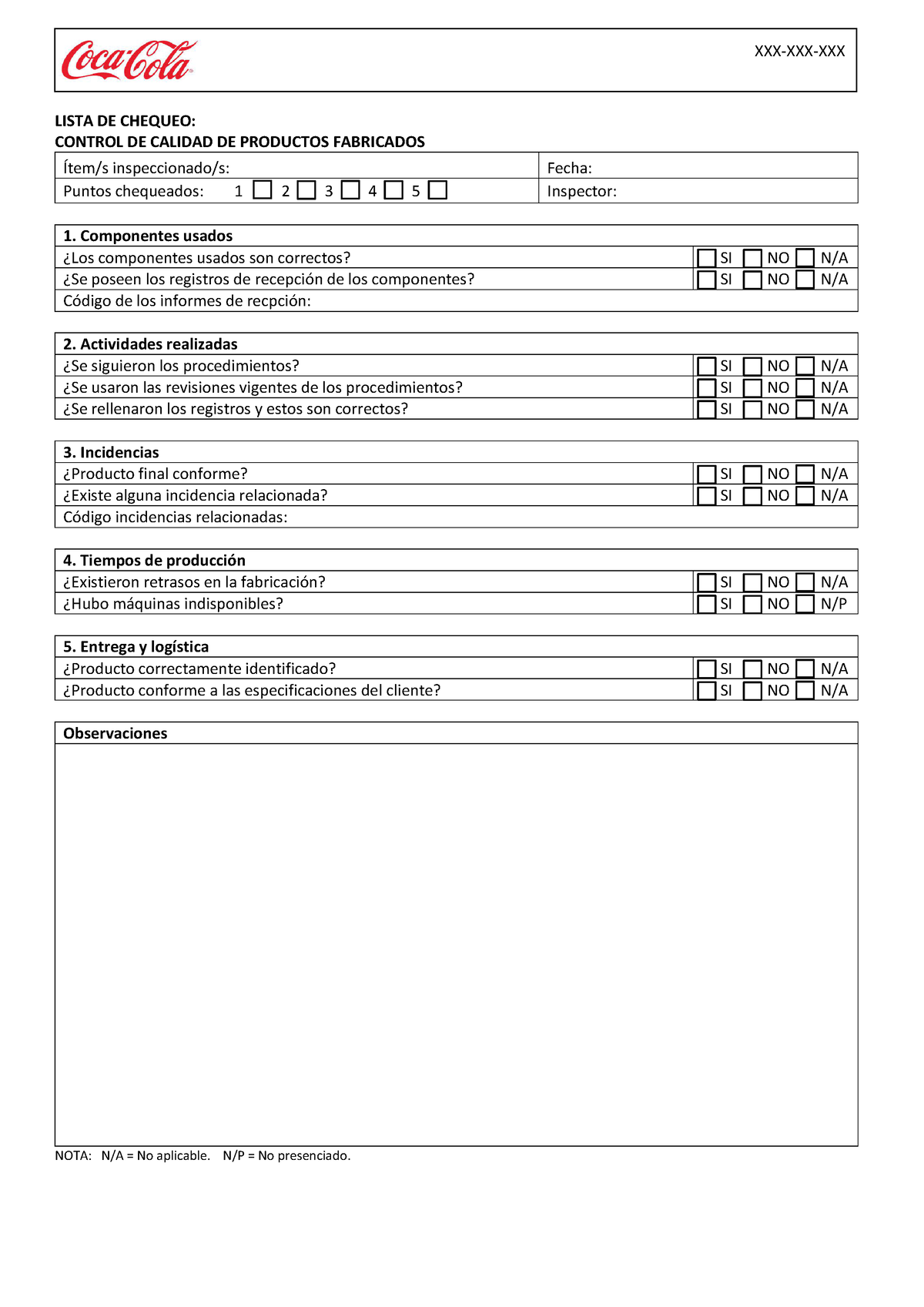 Checklist para control de calidad de Coca Cola  LISTA DE CHEQUEO