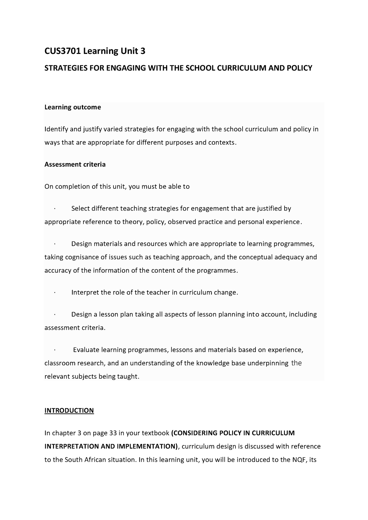 CUS3701 Learning Unit 3 - Assessment criteria On completion of this ...