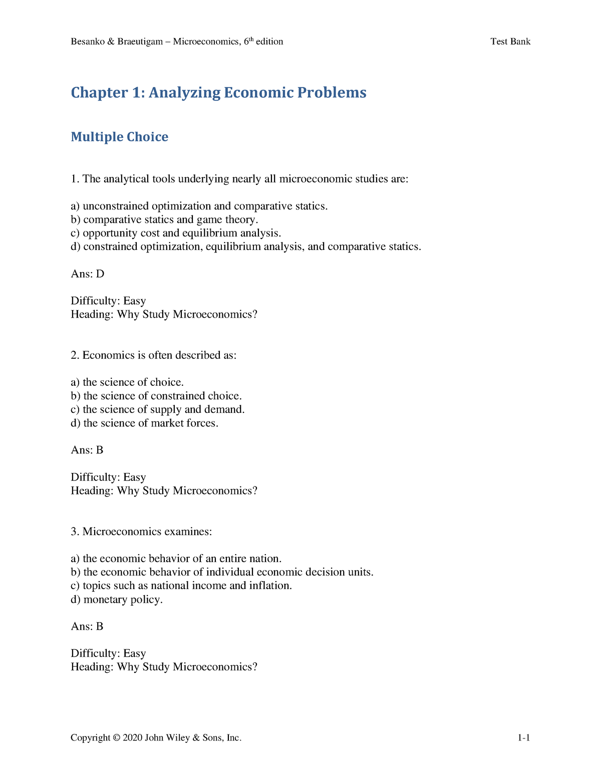 Ch01 - Test Bank - Chapter 1: Analyzing Economic Problems Multiple ...