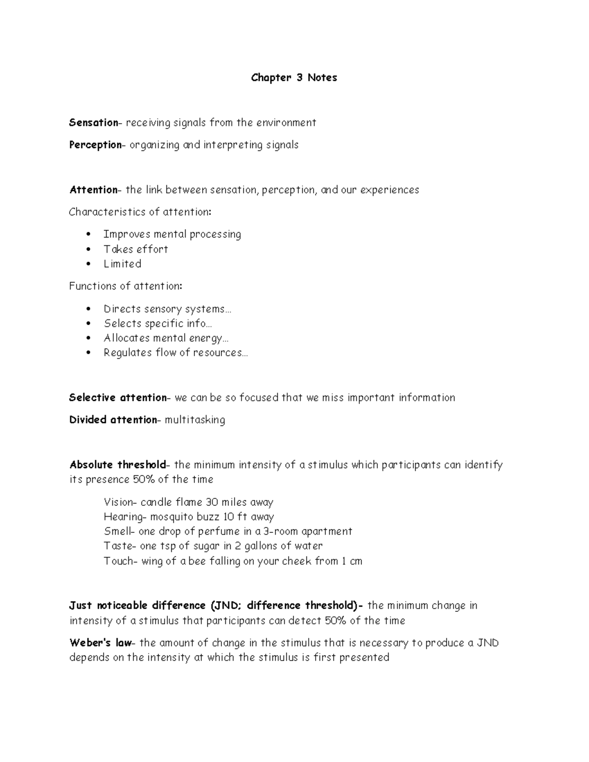 Chapter 3 Notes - Neal - Chapter 3 Notes Sensation - receiving signals ...