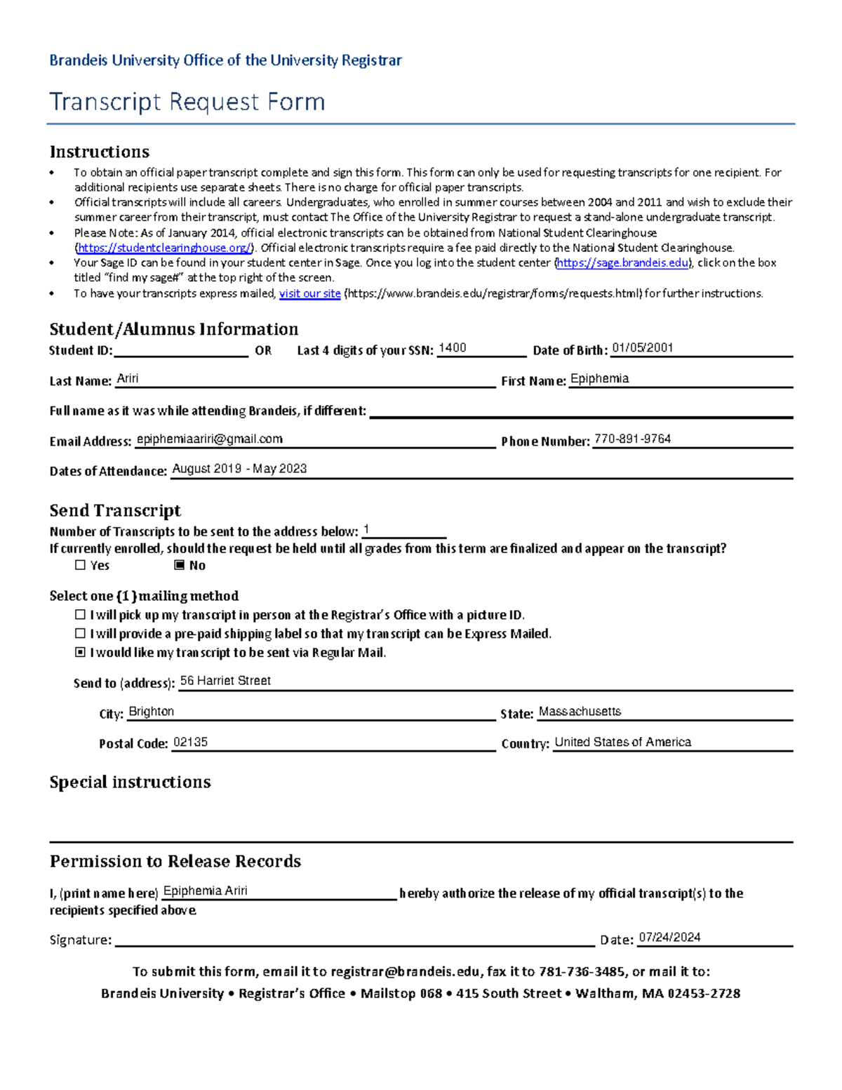 Transcript Request Form - Brandeis University Office of the University ...
