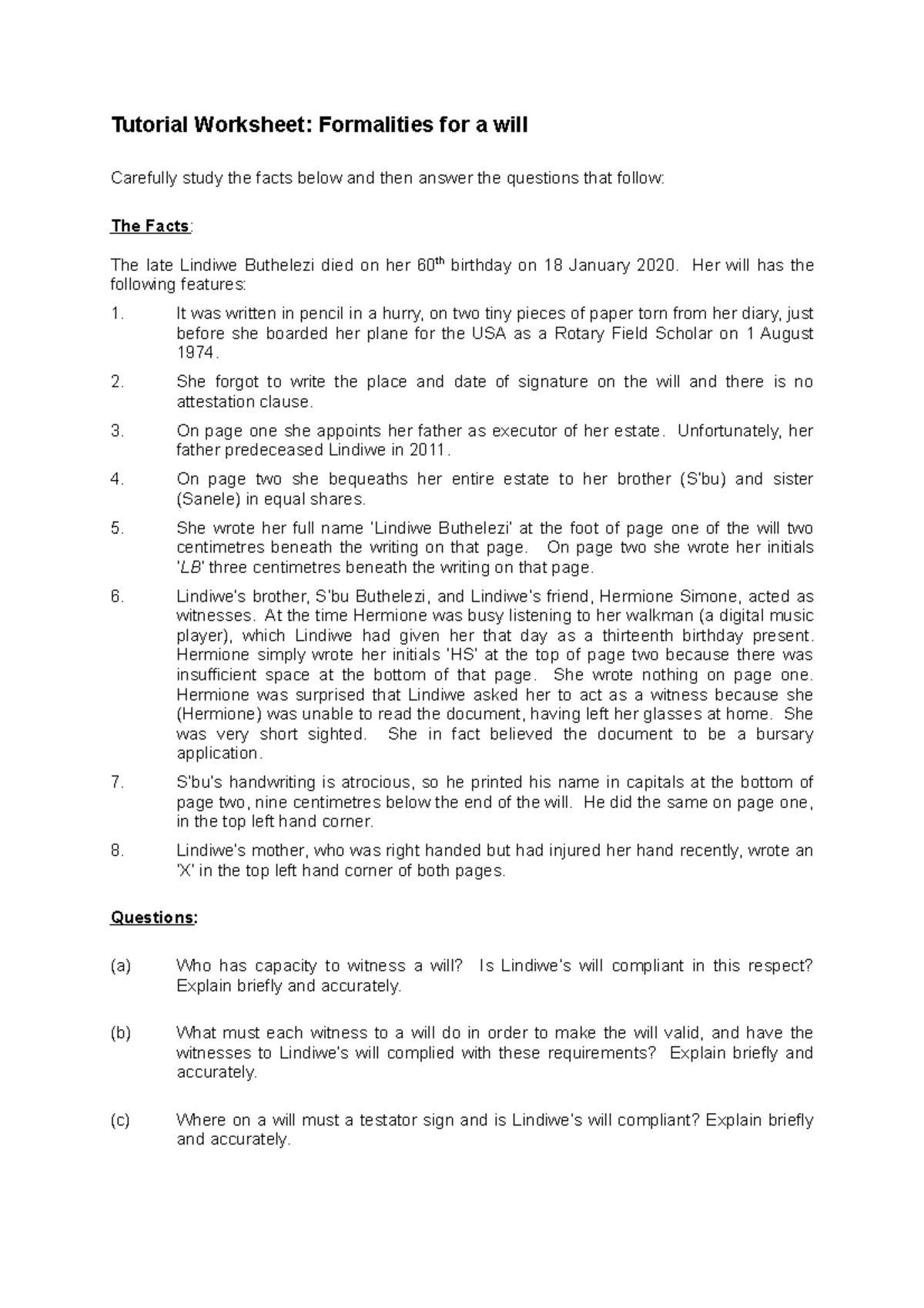 Revision Qs -Formalities For A Will - Tutorial Worksheet: Formalities ...