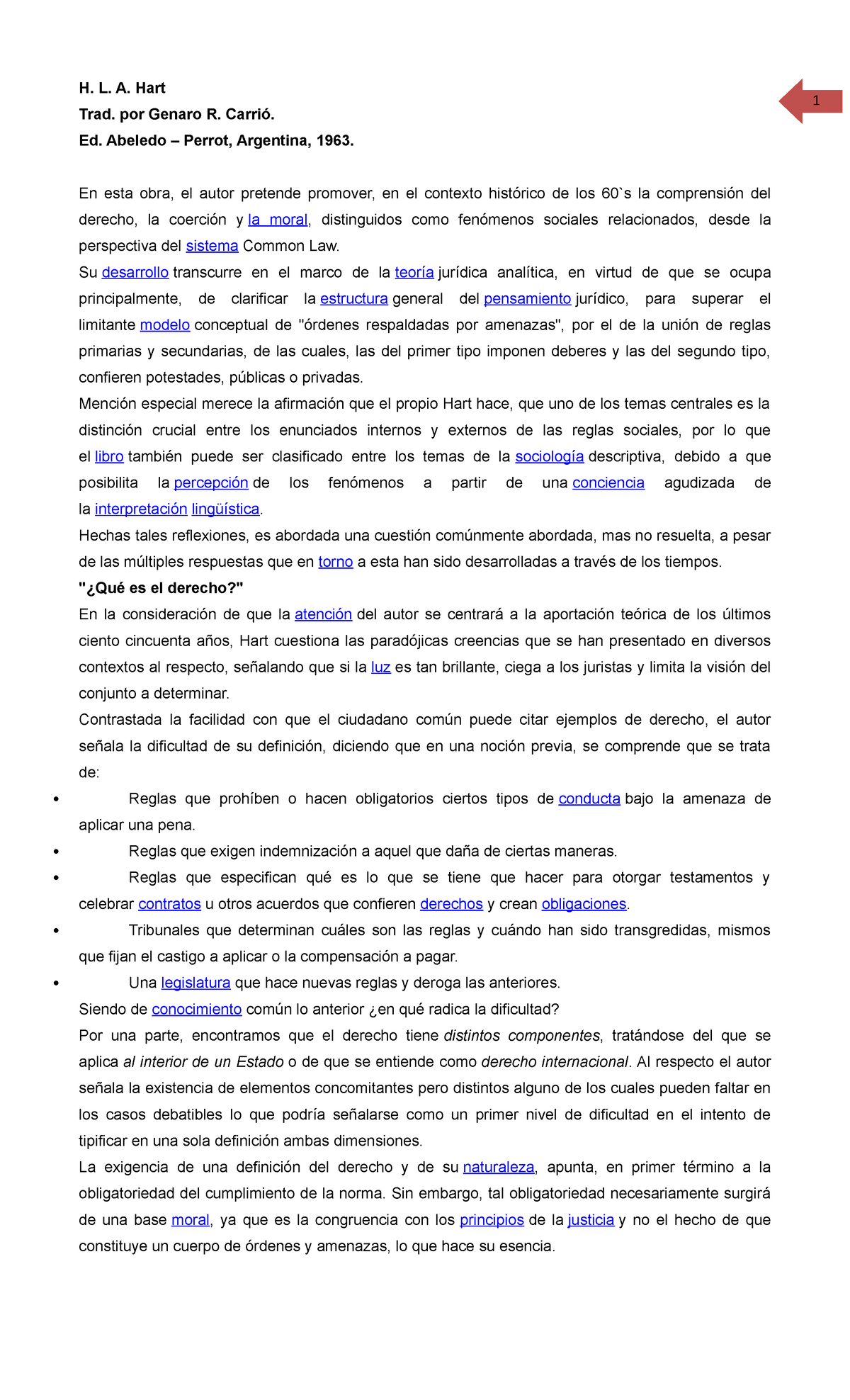 Hart Resumen General H L A Hart 1 Trad Por Genaro R Ed Abeledo Perrot Argentina 1963 En Studocu