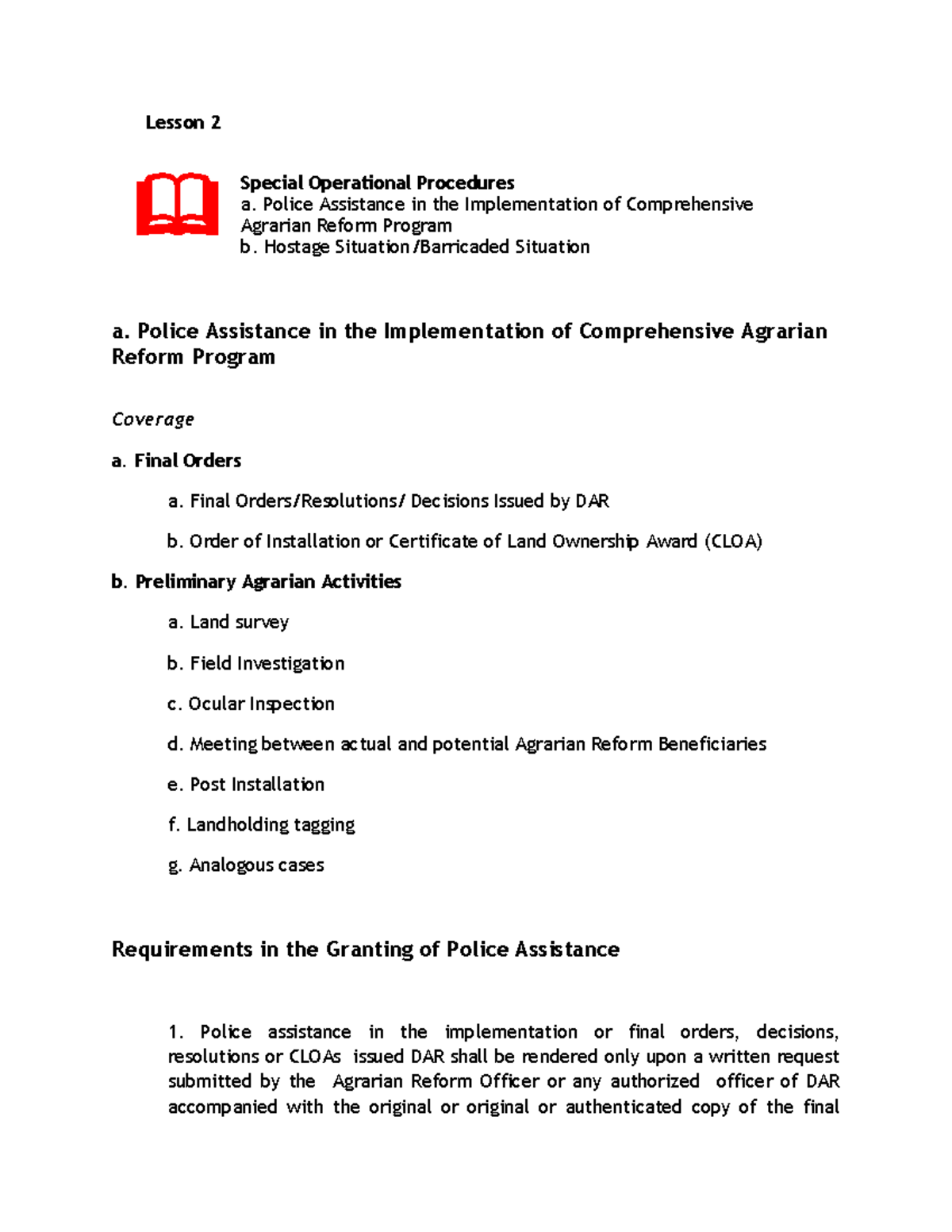 Special Operational Procedures - Lesson 2 a. Police Assistance in the ...