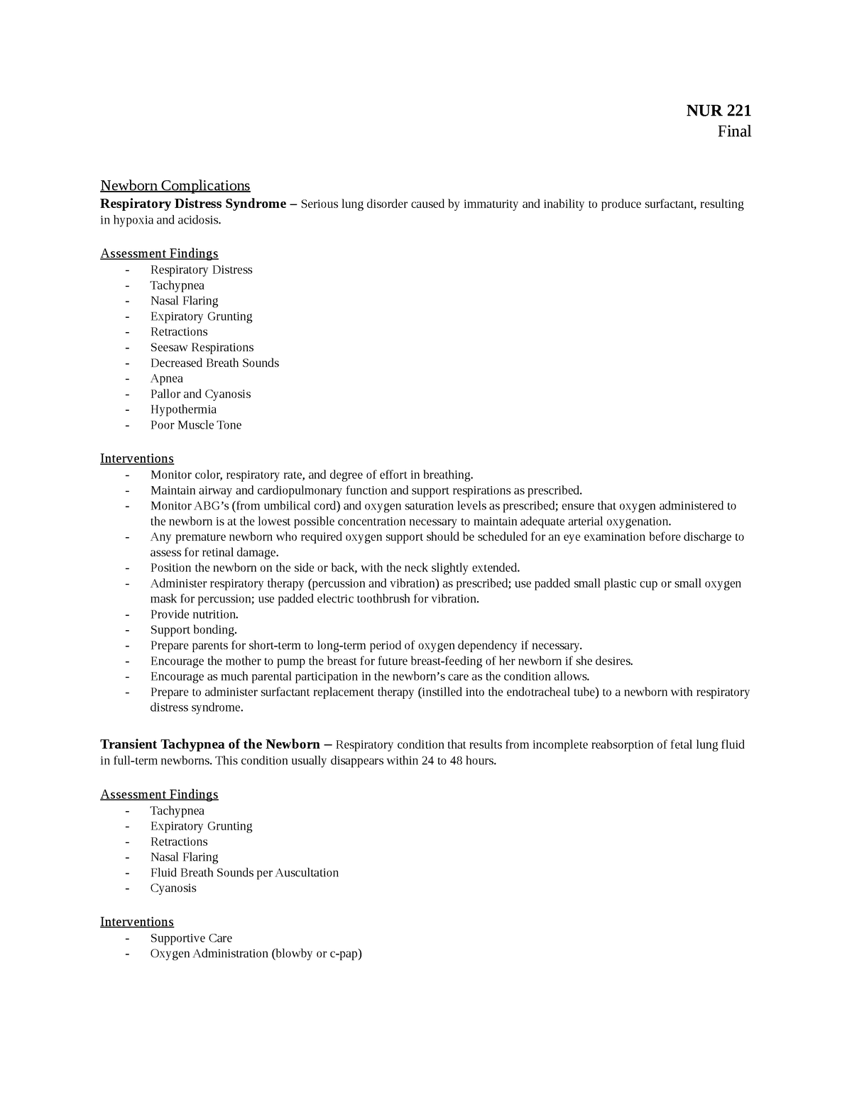 221 Final 2 - NUR 221 Final Newborn Complications Respiratory Distress ...