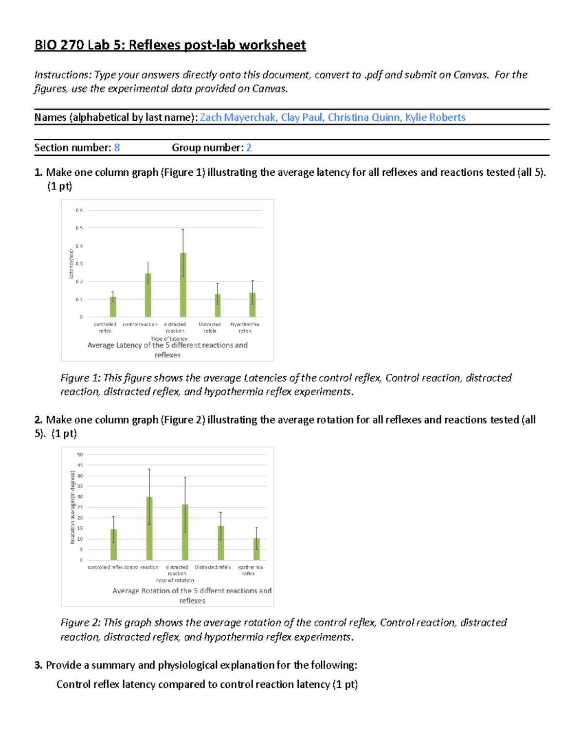Lab 5 Reflexes postlab worksheet BIO 270 Lab 5 Reflexes postlab