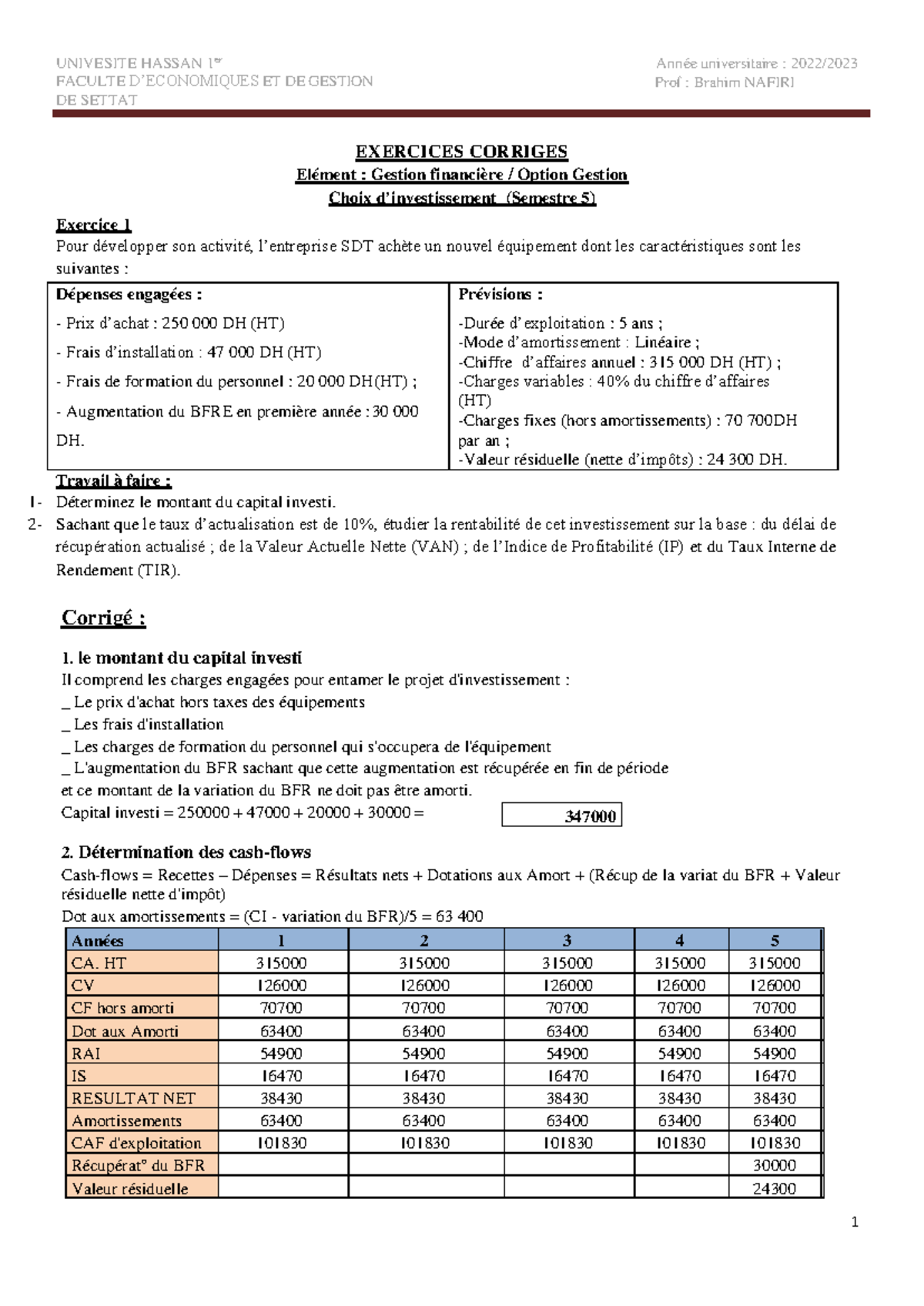 B.N Choix D'investissement Exercices Corriges - FACULTE D’ECONOMIQUES ...