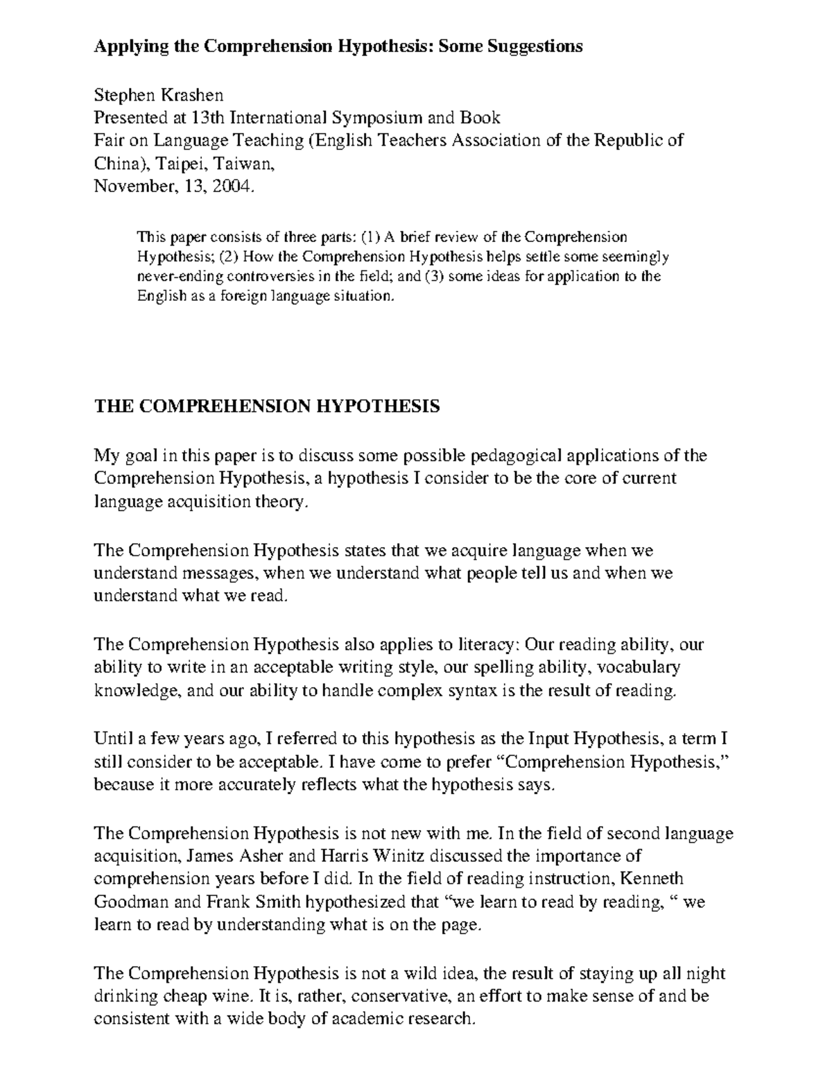 Applying the Comprehension Hypothesis Some Suggestion - This paper ...