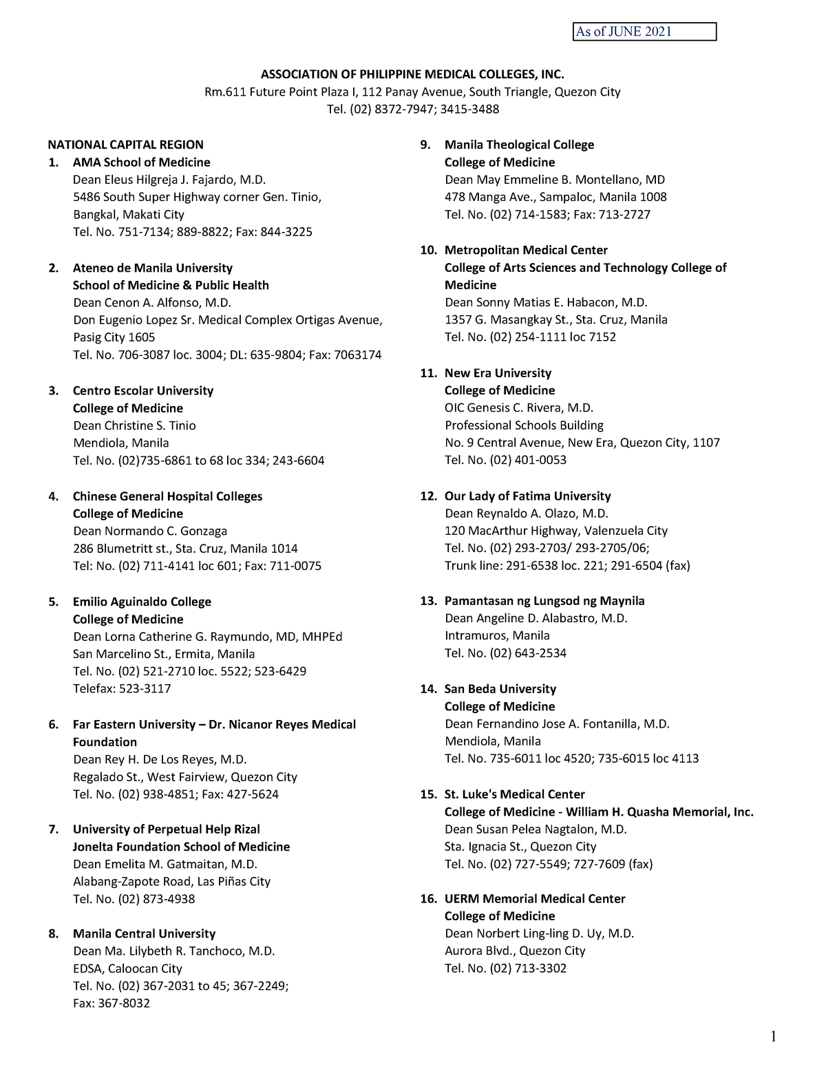 Medical Schools Directory June2021 - 1 ASSOCIATION OF PHILIPPINE ...