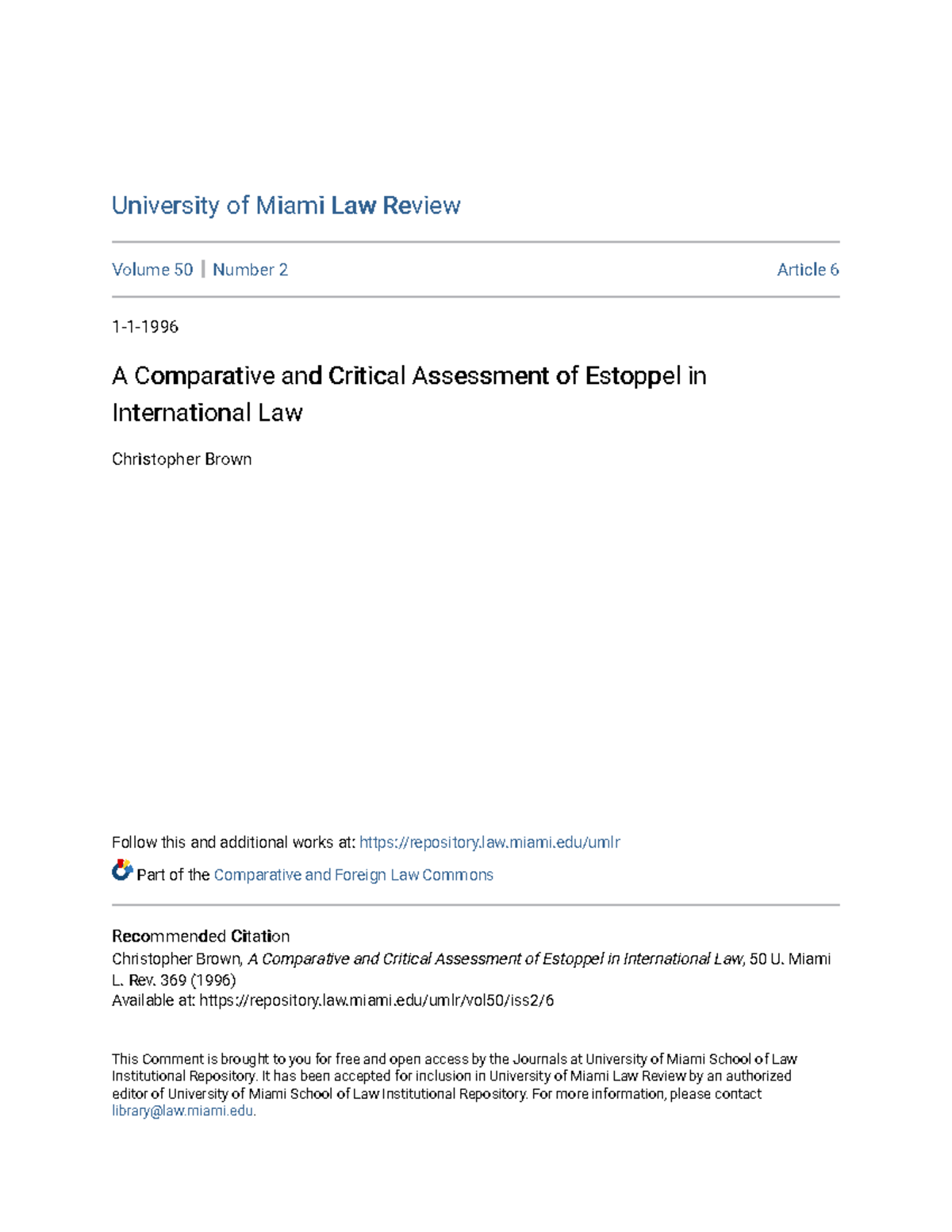 A Comparative And Critical Assessment Of Estoppel In Internationa Law Miami Umlr Part Of The Studocu