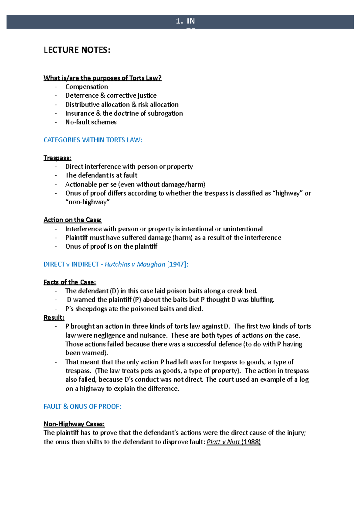 1. Introduction to Torts Law LECTURE NOTES What is/are the purposes