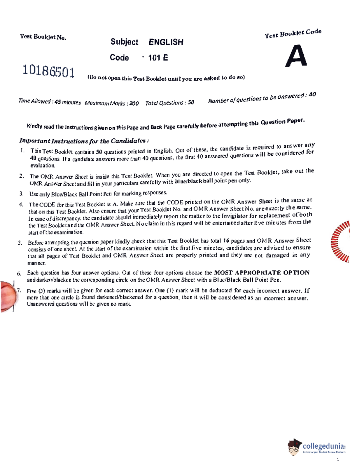 Eng 2024 - eng sp question paper - Test Booklet No. Subject ENGLISH ...
