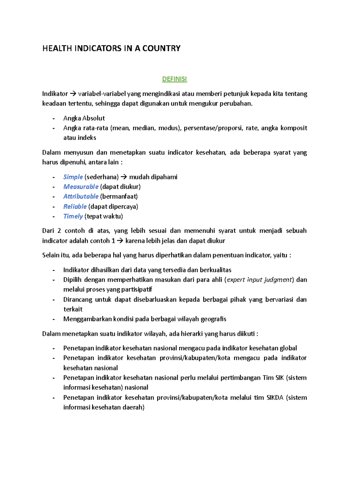 2. Health Indicators IN A Country HEALTH INDICATORS IN A COUNTRY