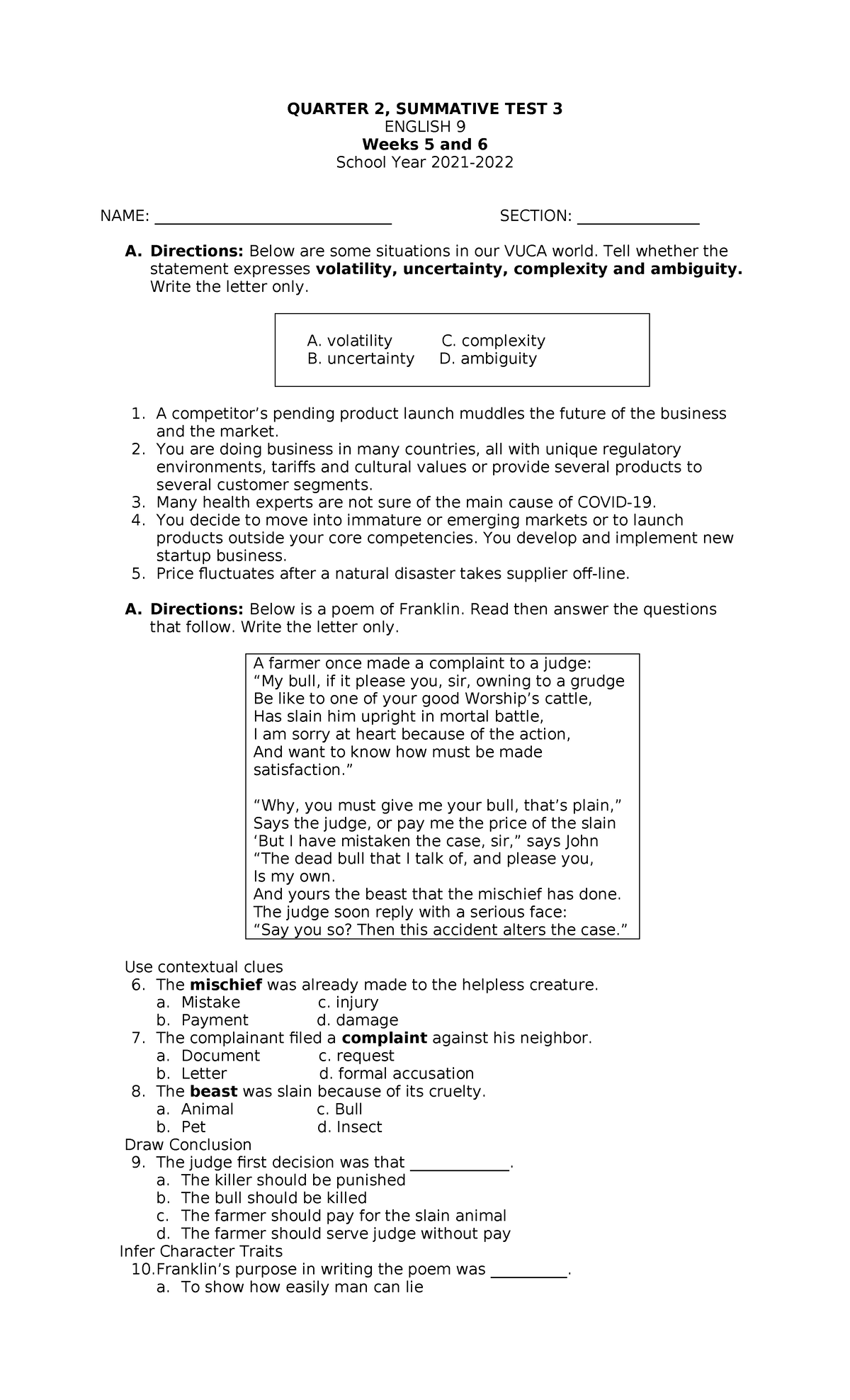 Q2 WK 5 6 GD 9 Summative TEST - QUARTER 2, SUMMATIVE TEST 3 ENGLISH 9 ...