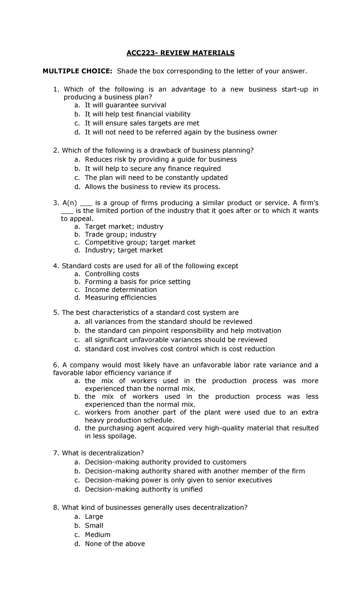 ACC223- Review Materials - ACC223- REVIEW MATERIALS MULTIPLE CHOICE ...