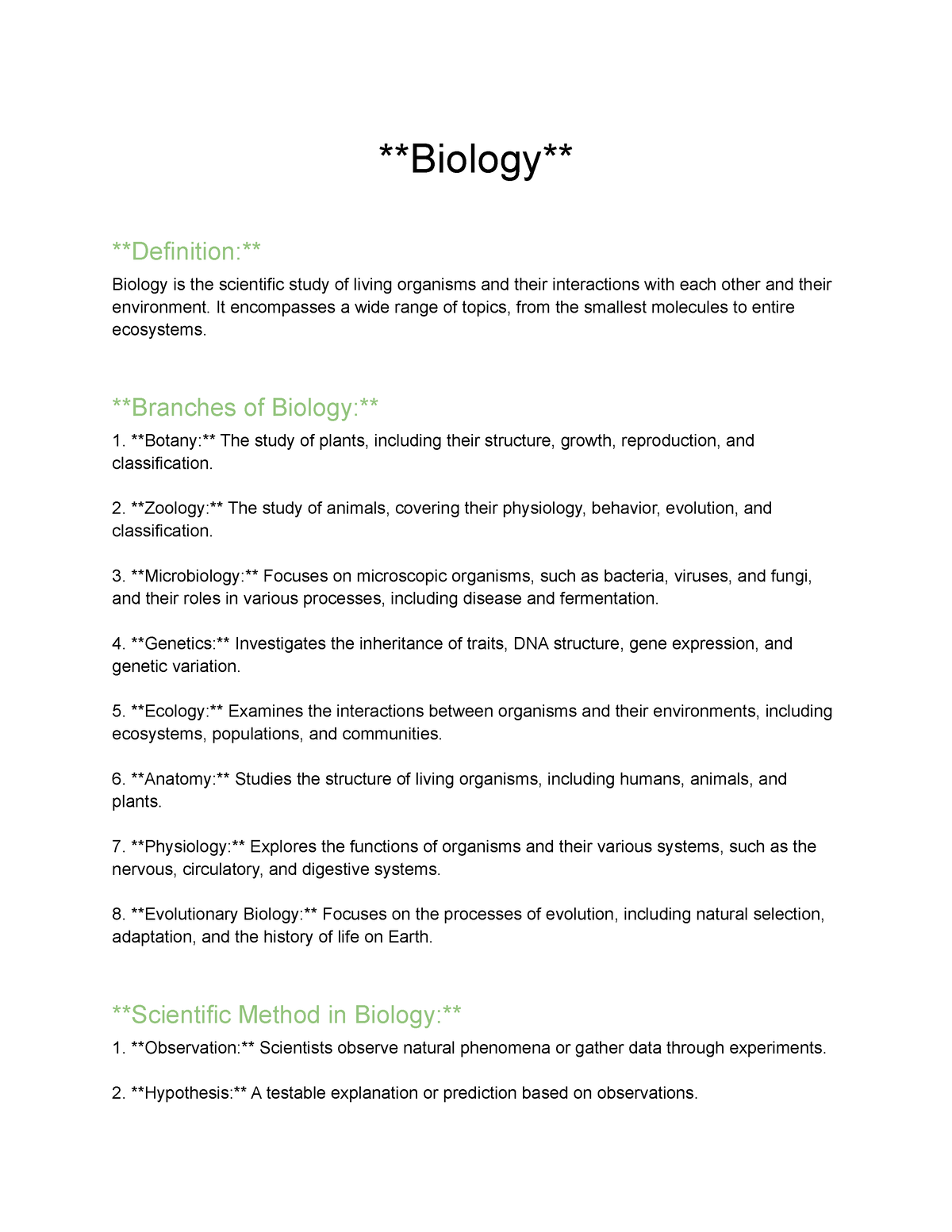 Biology notes - Biology Definition: Biology is the scientific study of