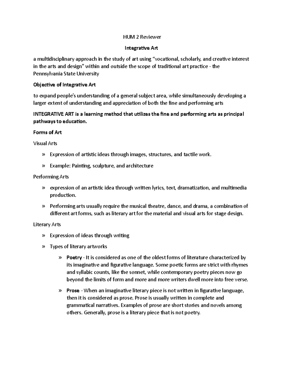 HUM 2 Reviewer - Lecture notes 1-4 - HUM 2 Reviewer Integrative Art a ...