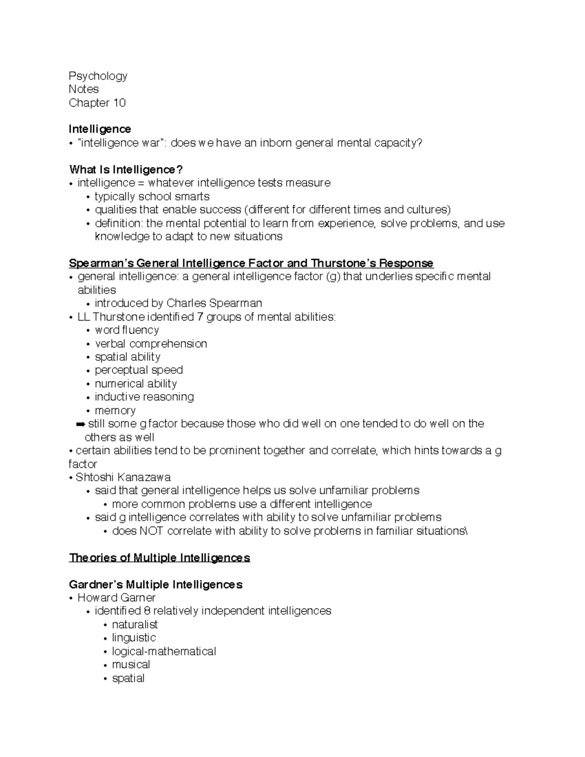 Psych Notes Chapter 10 - Psychology Notes Chapter 10 Intelligence ...
