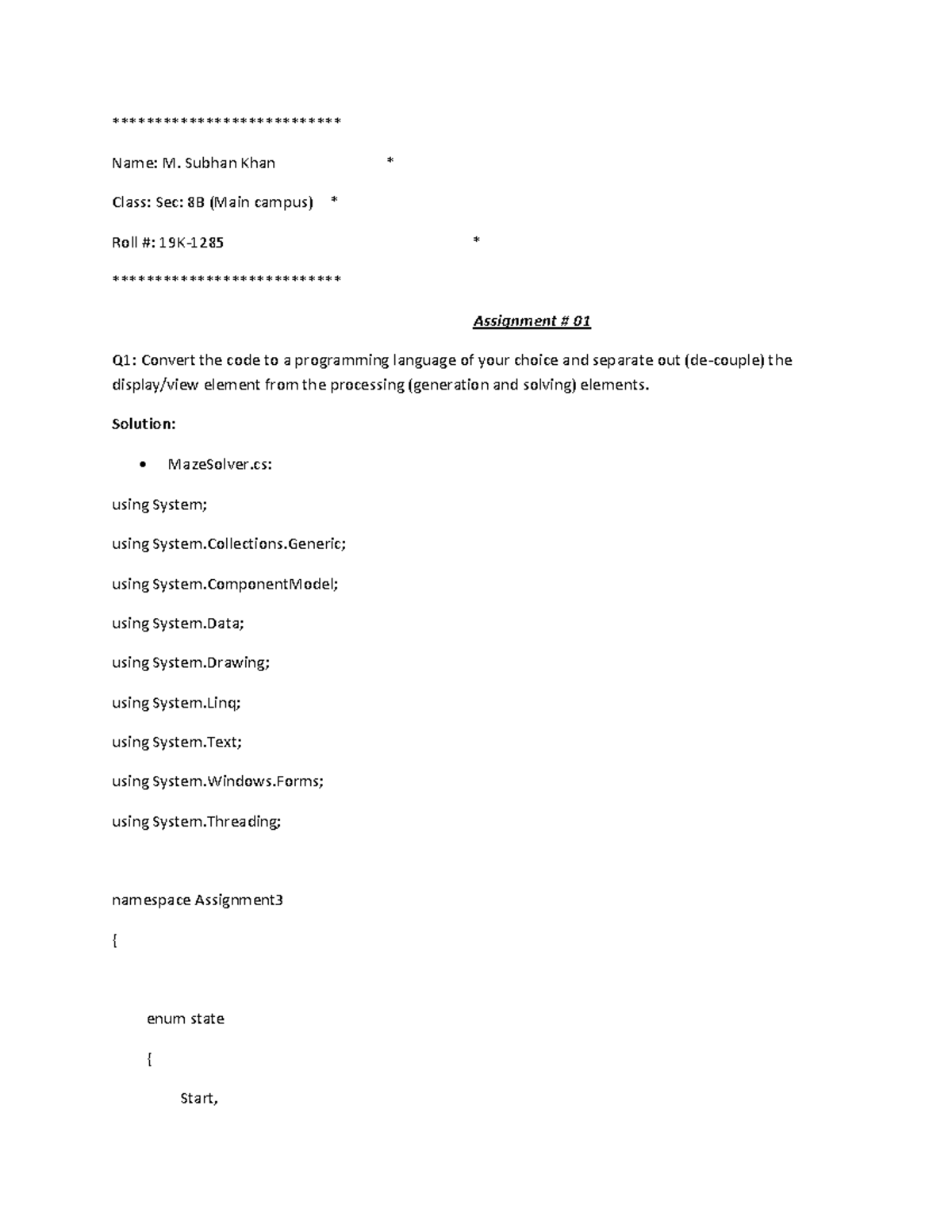 DDR Assignment 1 docx - *************************** Name: M. Subhan ...