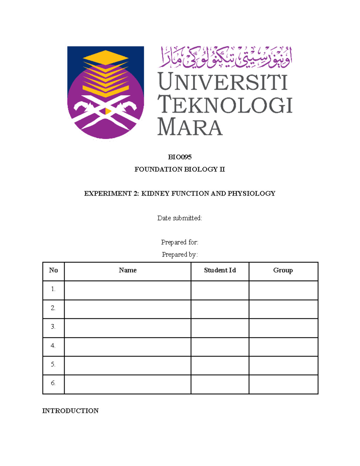 Experiment 2 Kidney Function AND Physiology BIO FOUNDATION BIOLOGY II