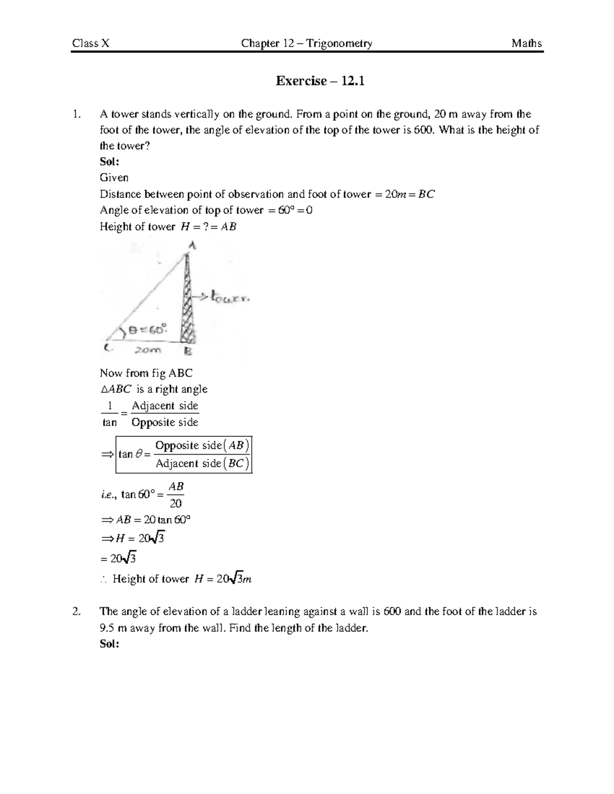 Chapter 12 Some Applications of Trigonometry - Exercise – 12. A tower ...