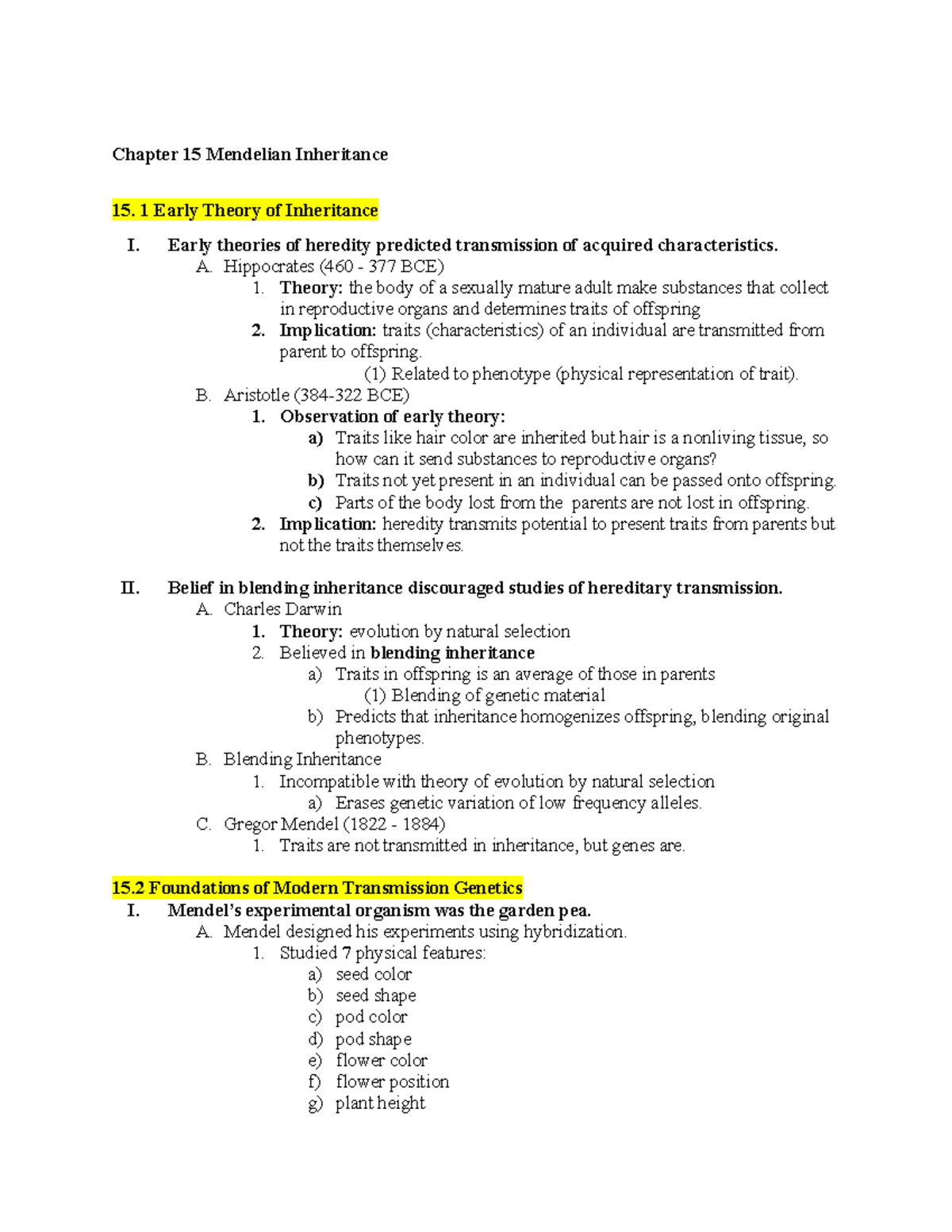 Completed Week 1 Notes - Chapter 15 Mendelian Inheritance 15. 1 Early ...