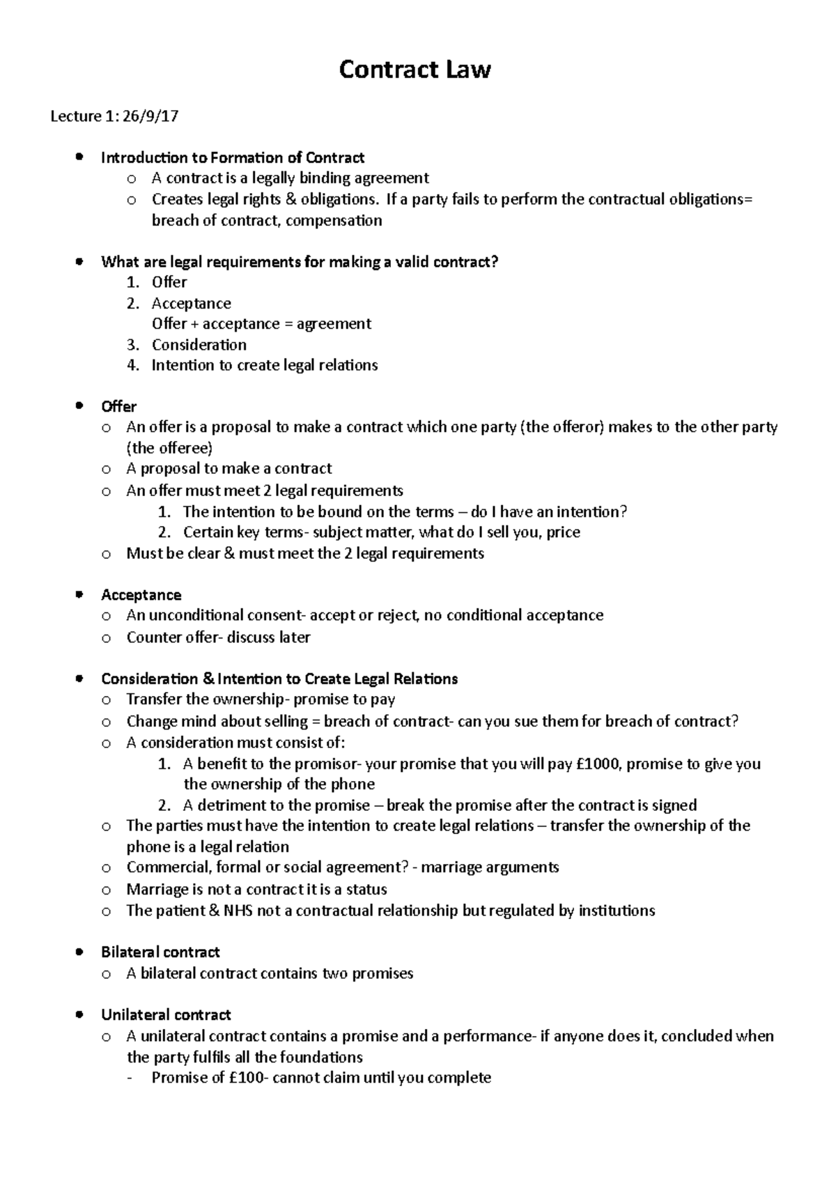 Contract Law - Lecture notes 1 - Contract Law Lecture 1: 26/9 ...