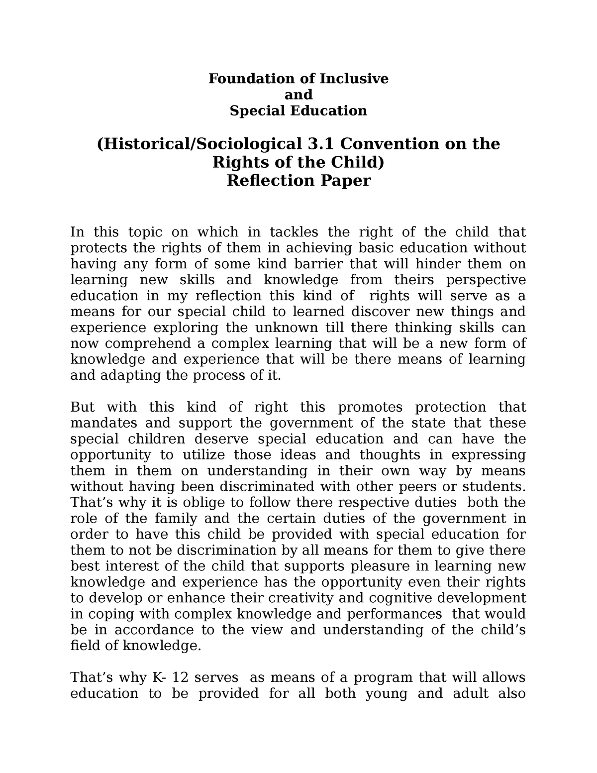 reflection paper on special education