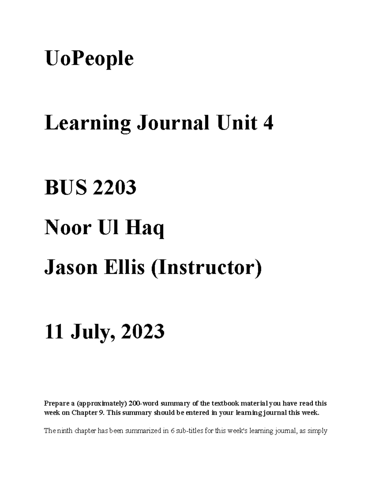 Learning Journal Unit 4 Uopeople Learning Journal Unit 4 Bus 2203 Noor Ul Haq Jason Ellis 3170