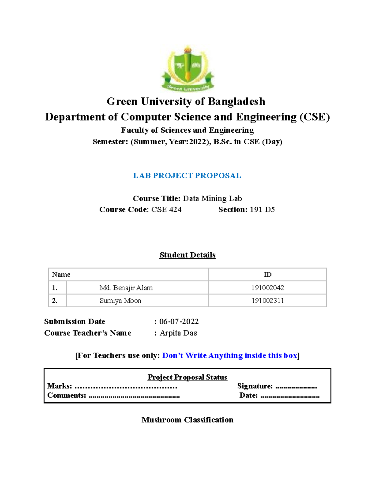 Lab Project Proposal Template(2) - Green University of Bangladesh ...