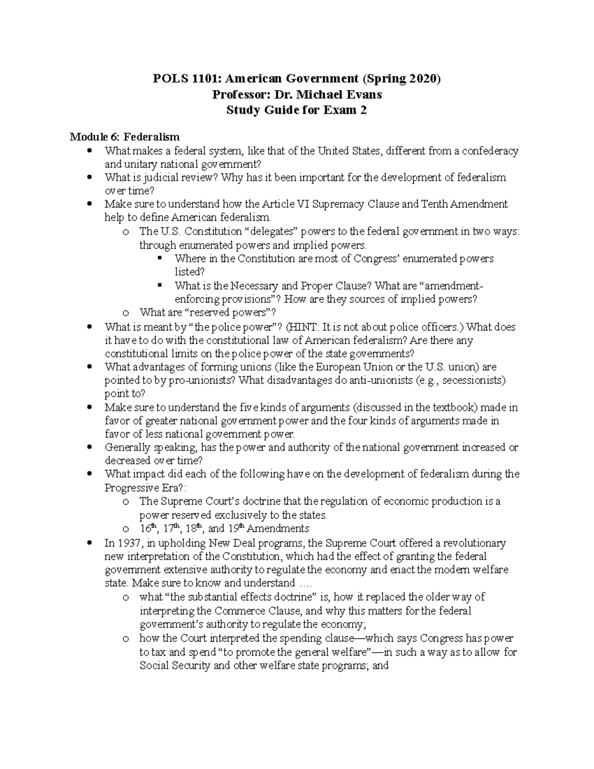 Exam 2 Study Guide - POLS 1101 - S20 Evans - POLS 1101: American ...