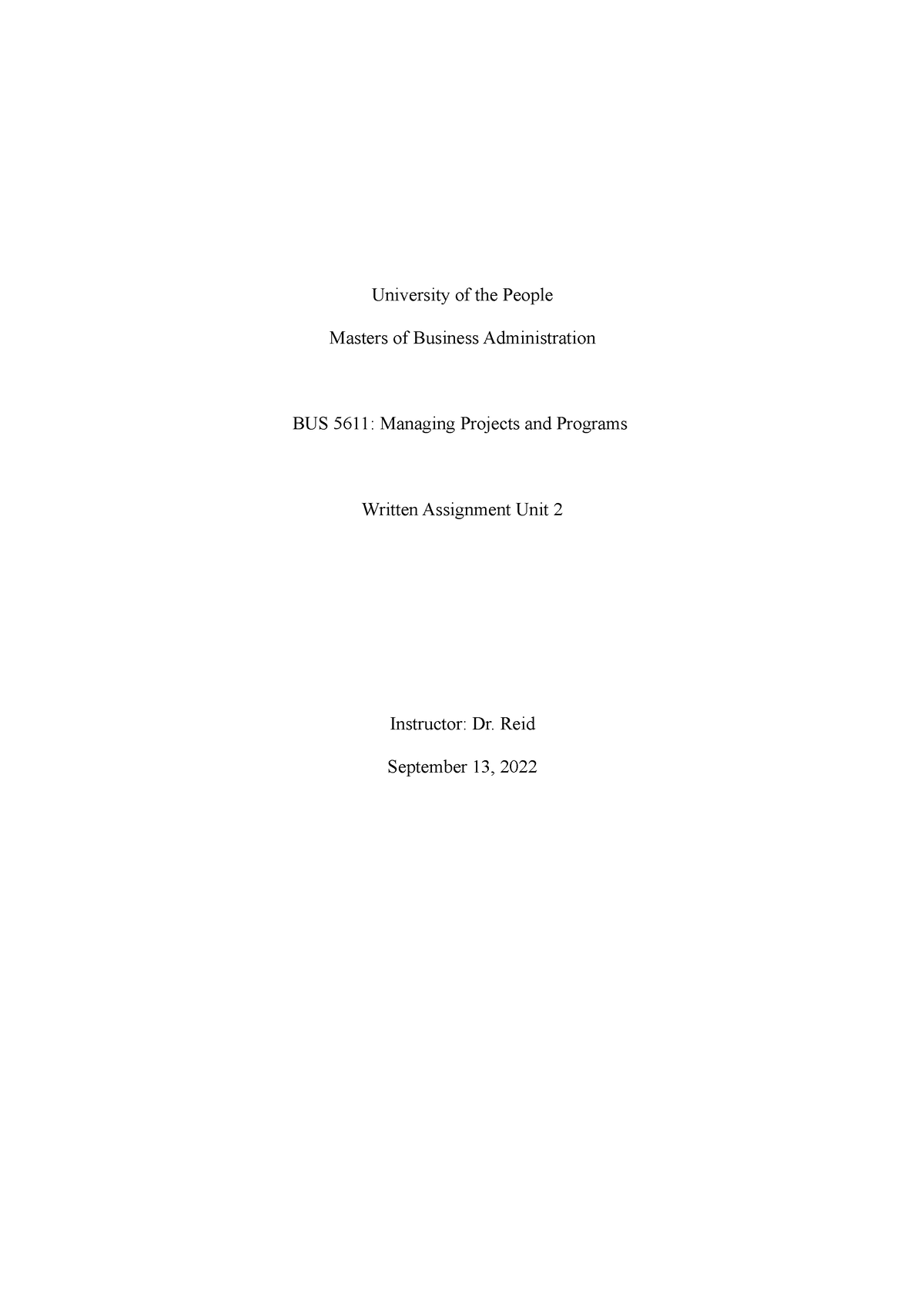 Written Assignment Unit 2 BUS 5611 - University of the People Masters ...