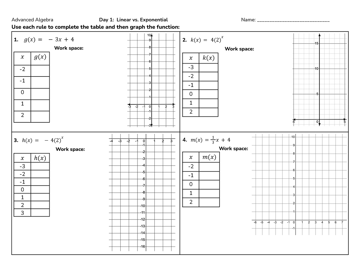 Day 1 HW - Math - Advanced Algebra Day 1 : Linear vs. Exponential Name ...