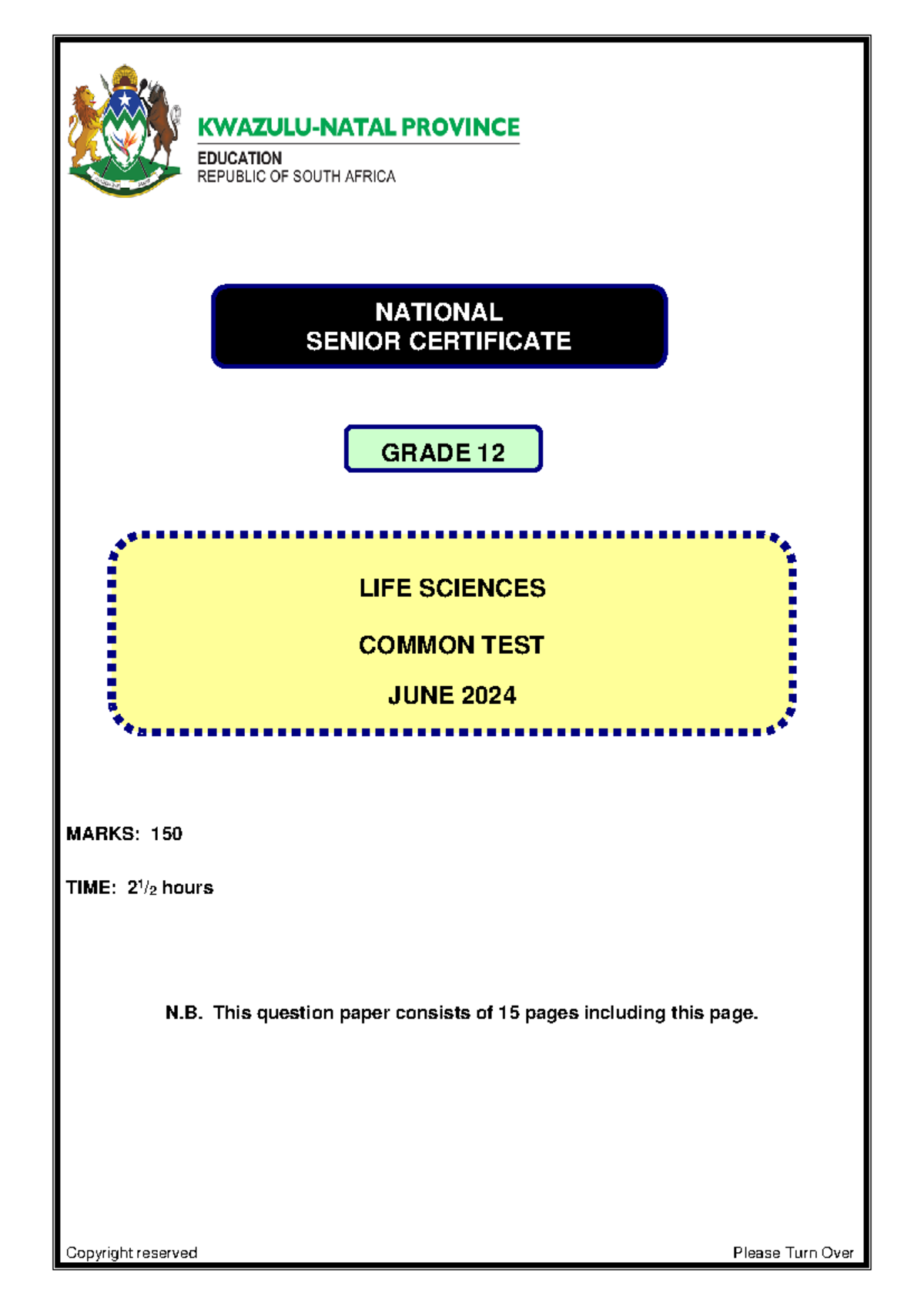 Kzn Lfsc Grade June Qp Final Marks Time Hours N