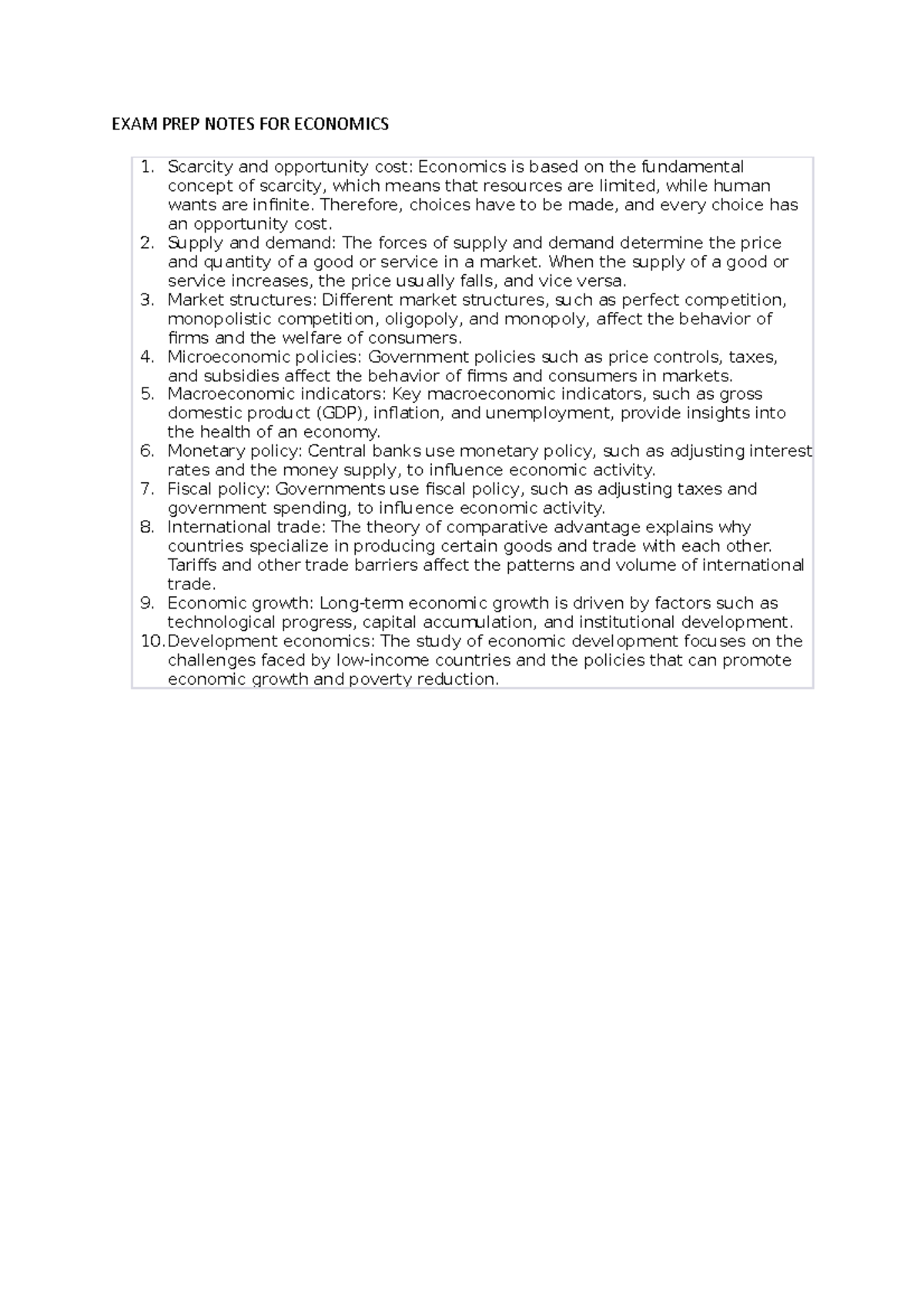 EXAM PREP Notes FOR Economics - EXAM PREP NOTES FOR ECONOMICS Scarcity ...