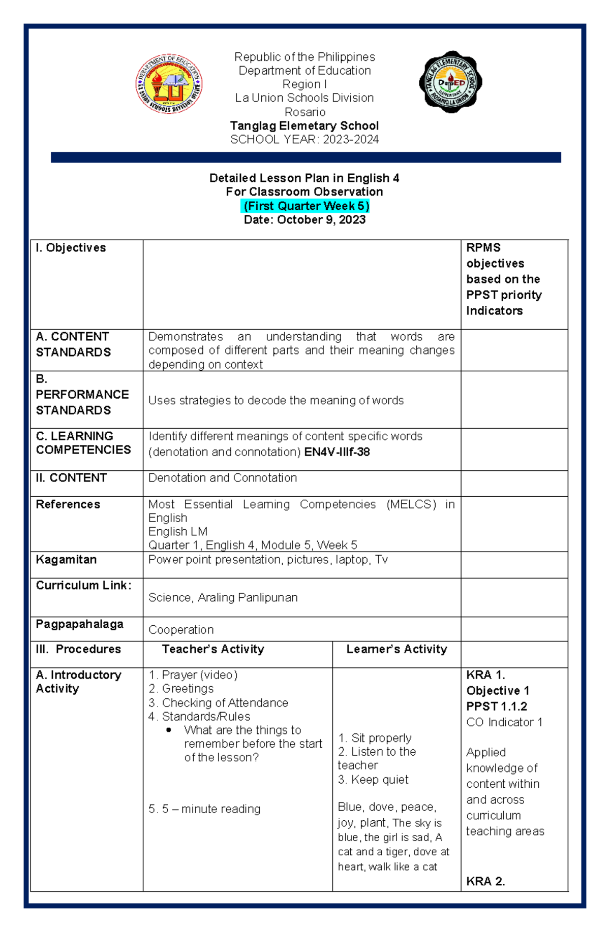 Cot 1 Grade 4 English Lesson Plan Republic Of The Philippines Department Of Education Region 0314