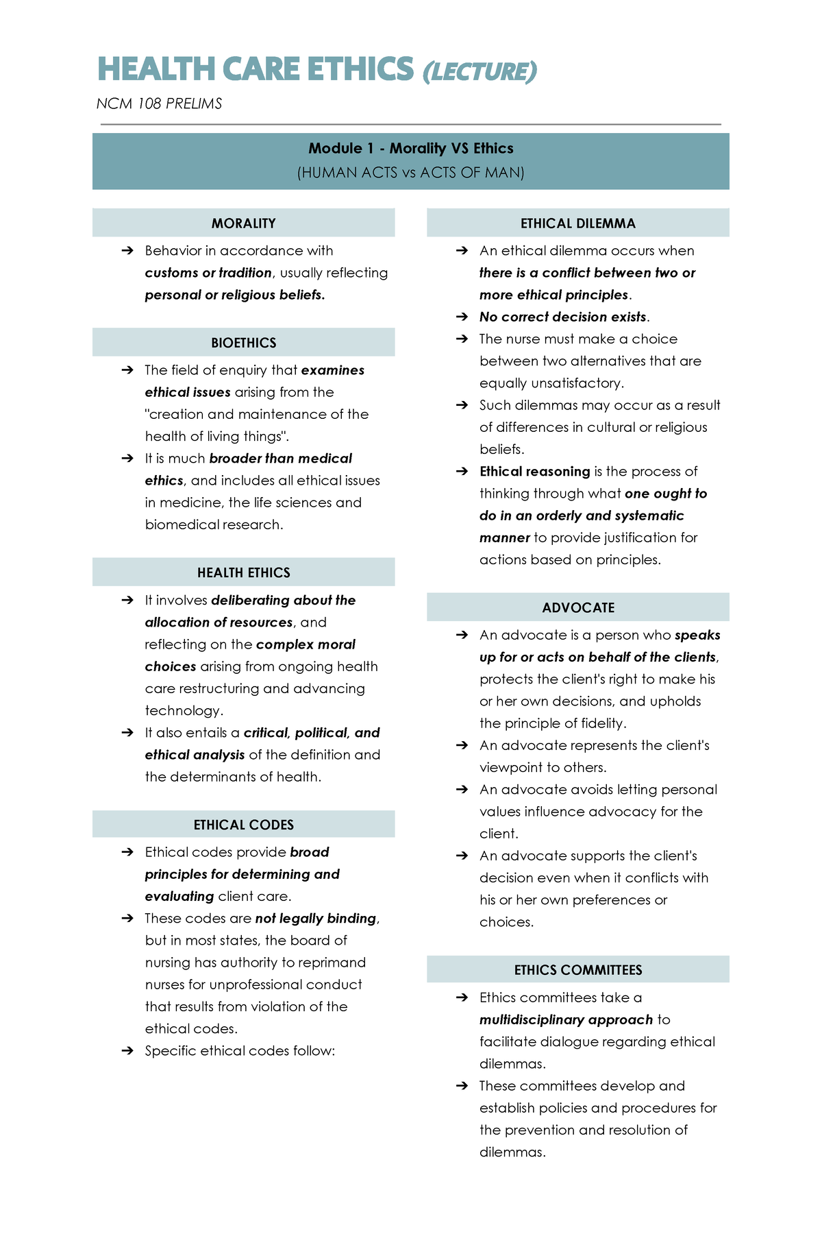 Bioethics - HEALTH CARE ETHICS (LECTURE) NCM 108 PRELIMS Module 1 ...