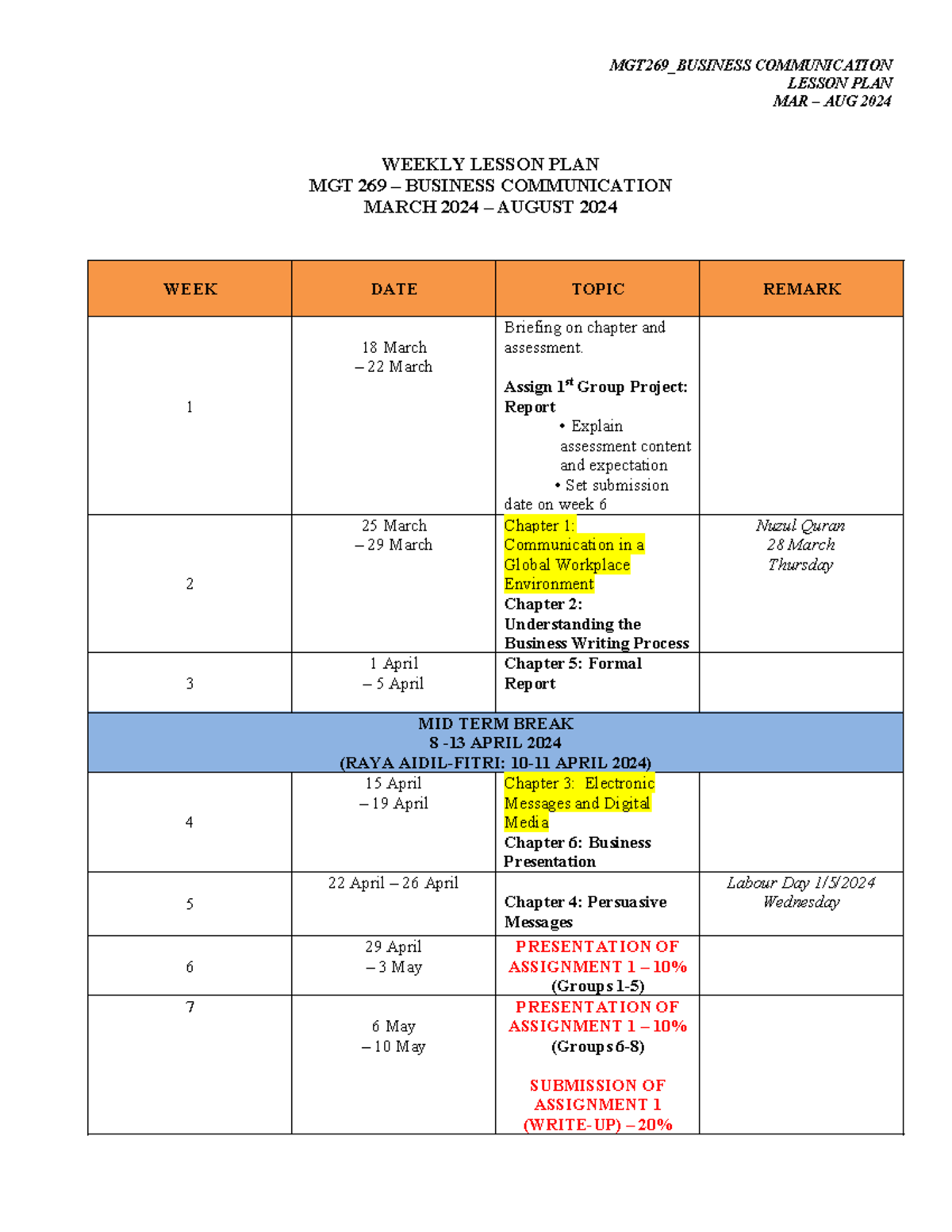 Lesson Plan March-August 2024 - MGT269_BUSINESS COMMUNICATION LESSON ...