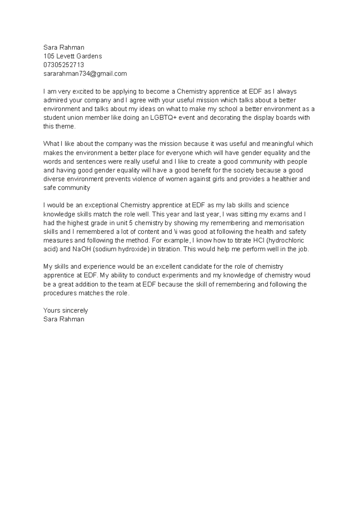 Sara Rahman- Cover Letter- Chemistry Apprentice- Edf - Sara Rahman 105 