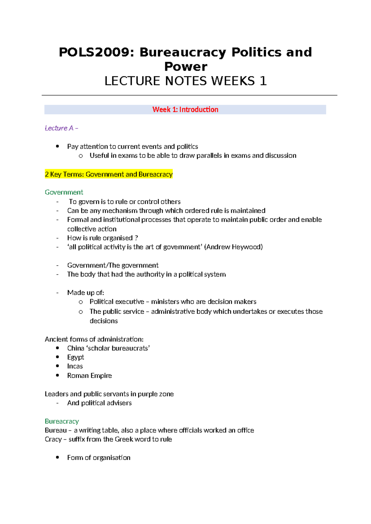 POLS2009 wk 1 - POLS2009: Bureaucracy Politics and Power LECTURE NOTES ...
